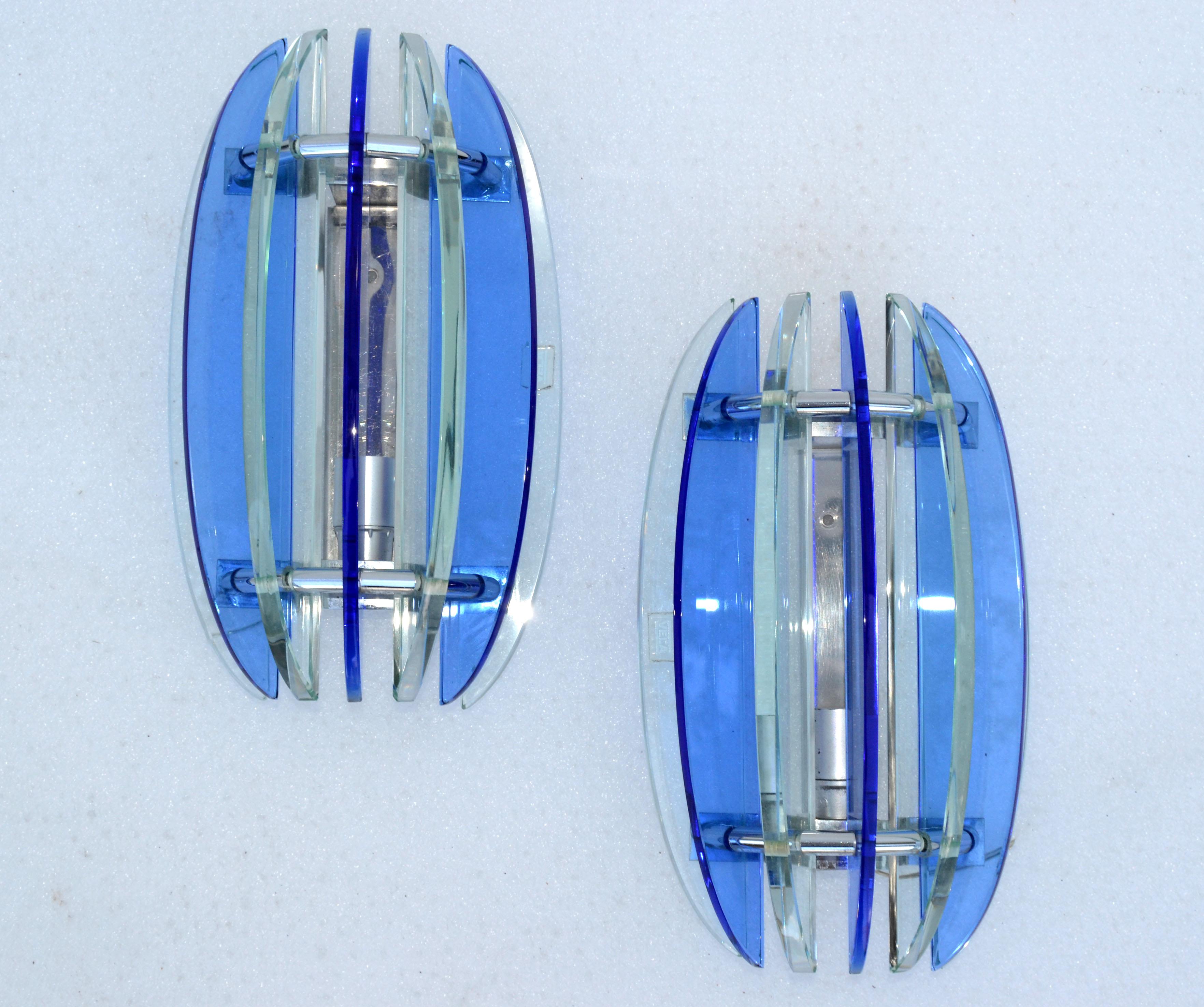 Italian Glass & Chrome Sconces by Veca Blue & Clear Mid-Century Modern, Pair For Sale 10