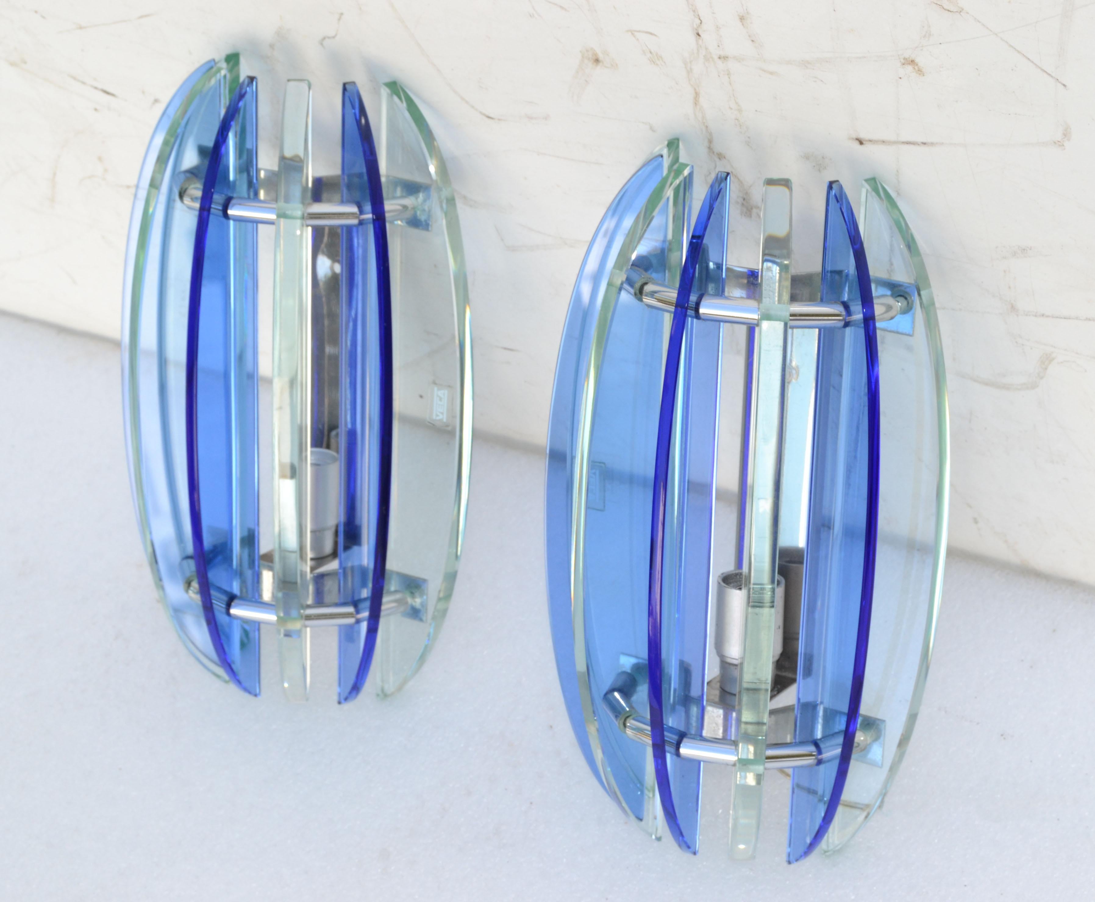 Italian Glass & Chrome Sconces by Veca Blue & Clear Mid-Century Modern, Pair In Good Condition For Sale In Miami, FL