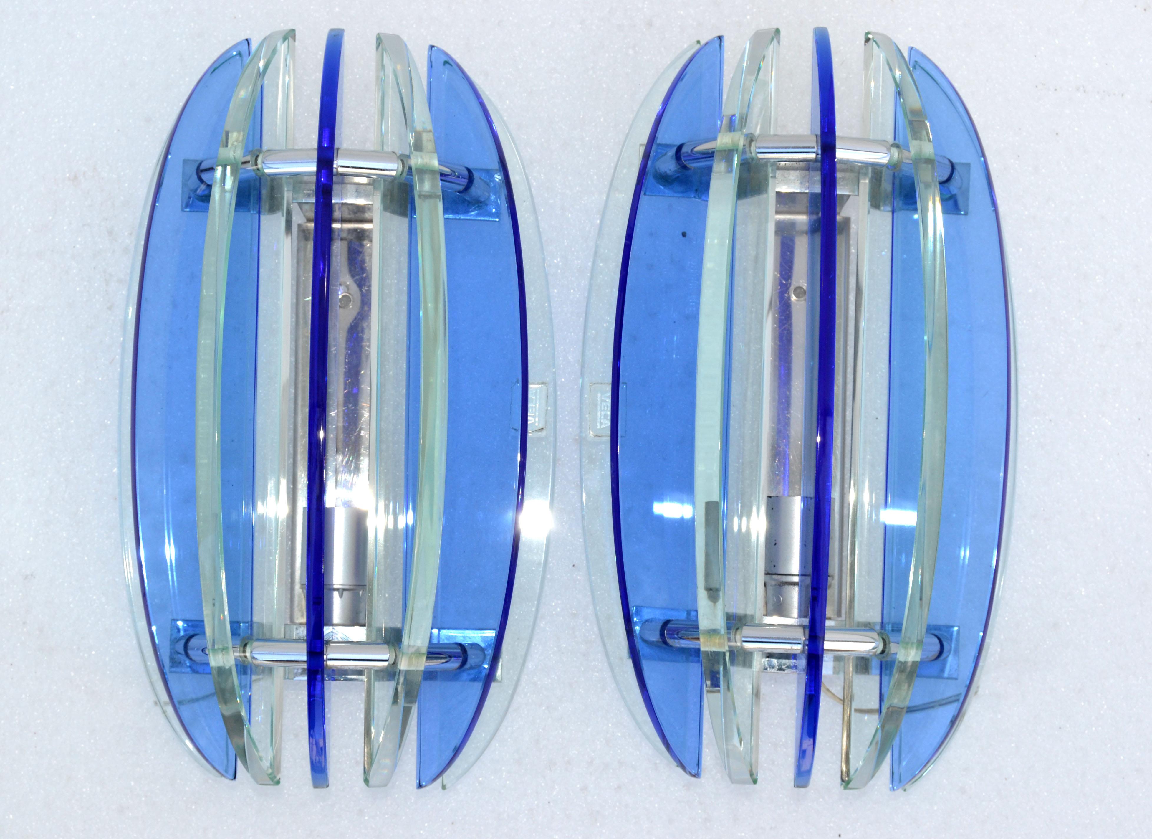 Late 20th Century Italian Glass & Chrome Sconces by Veca Blue & Clear Mid-Century Modern, Pair For Sale