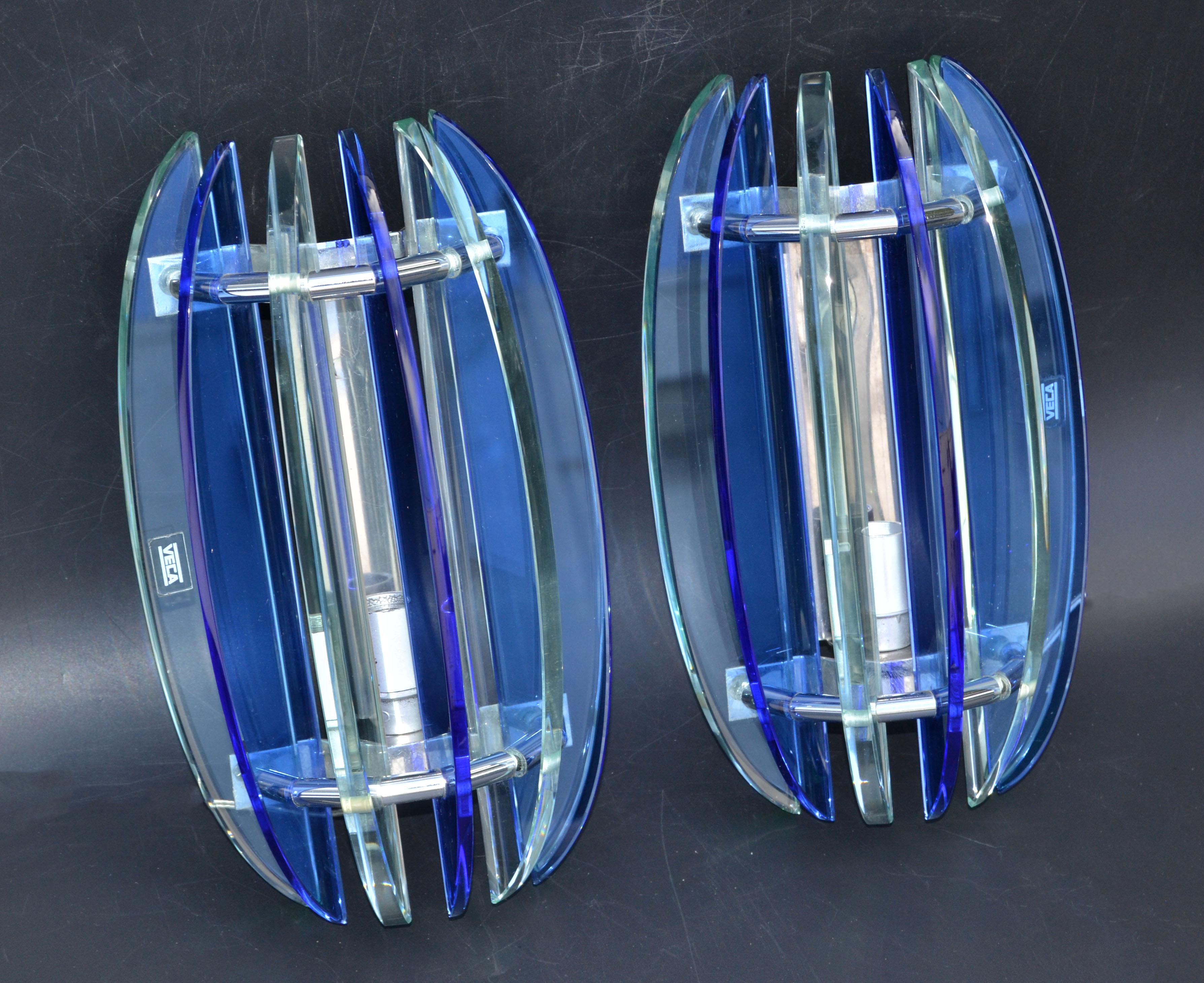 Italian Glass & Chrome Sconces by Veca Blue & Clear Mid-Century Modern, Pair For Sale 1