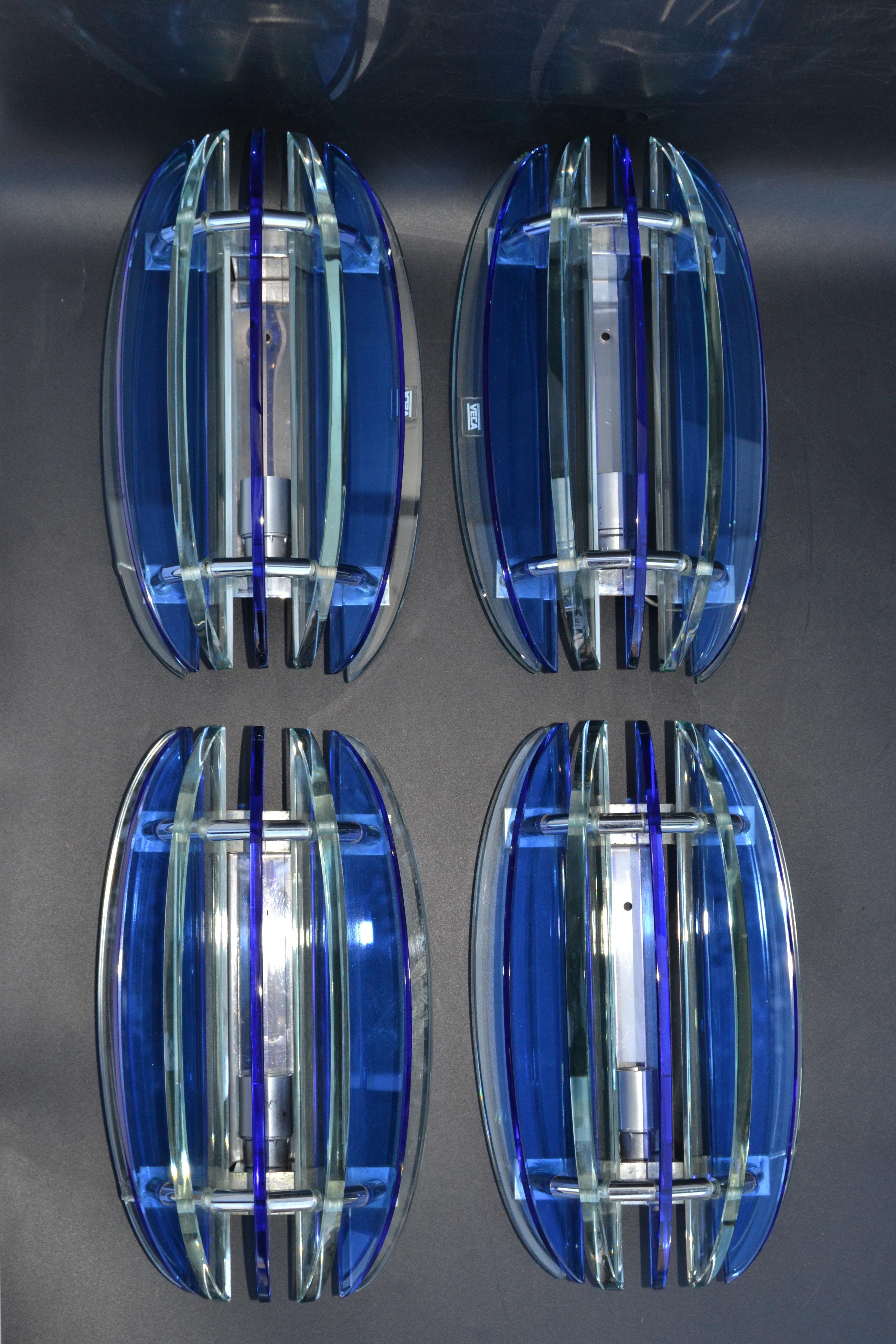 Italian Glass & Chrome Sconces by Veca Blue & Clear Mid-Century Modern, Pair For Sale 2