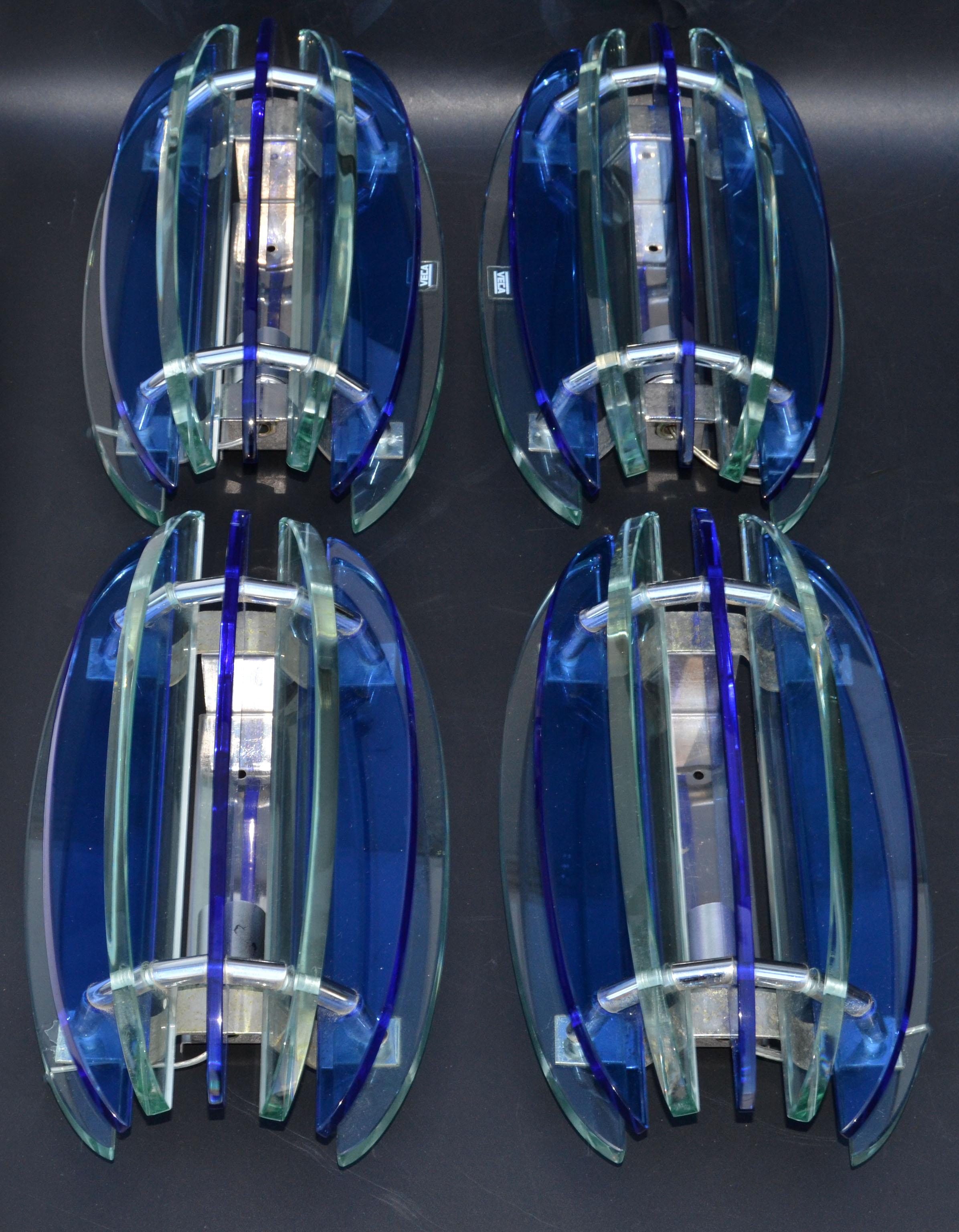 Italian Glass & Chrome Sconces by Veca Blue & Clear Mid-Century Modern, Pair For Sale 3