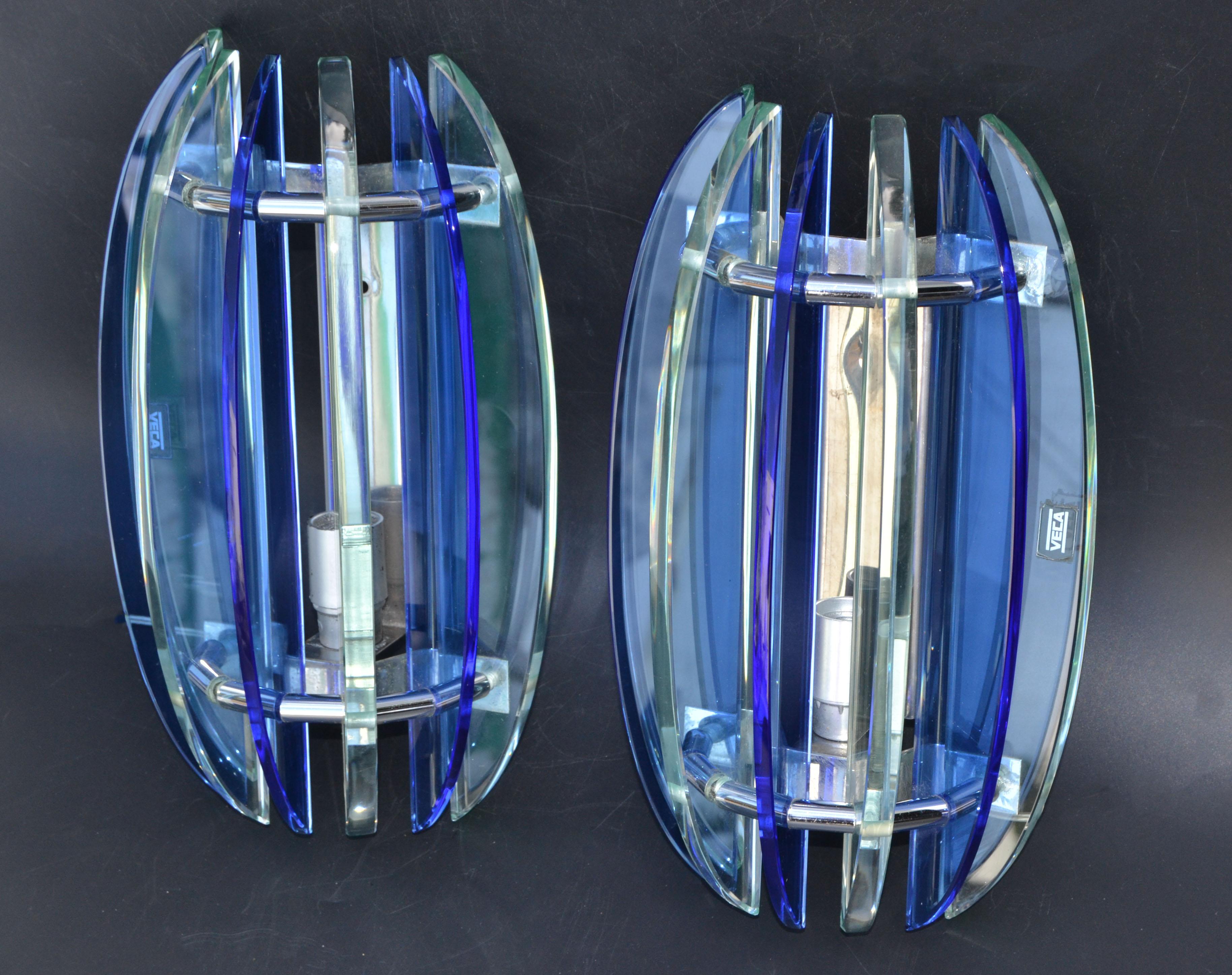 Italian Glass & Chrome Sconces by Veca Blue & Clear Mid-Century Modern, Pair For Sale 4