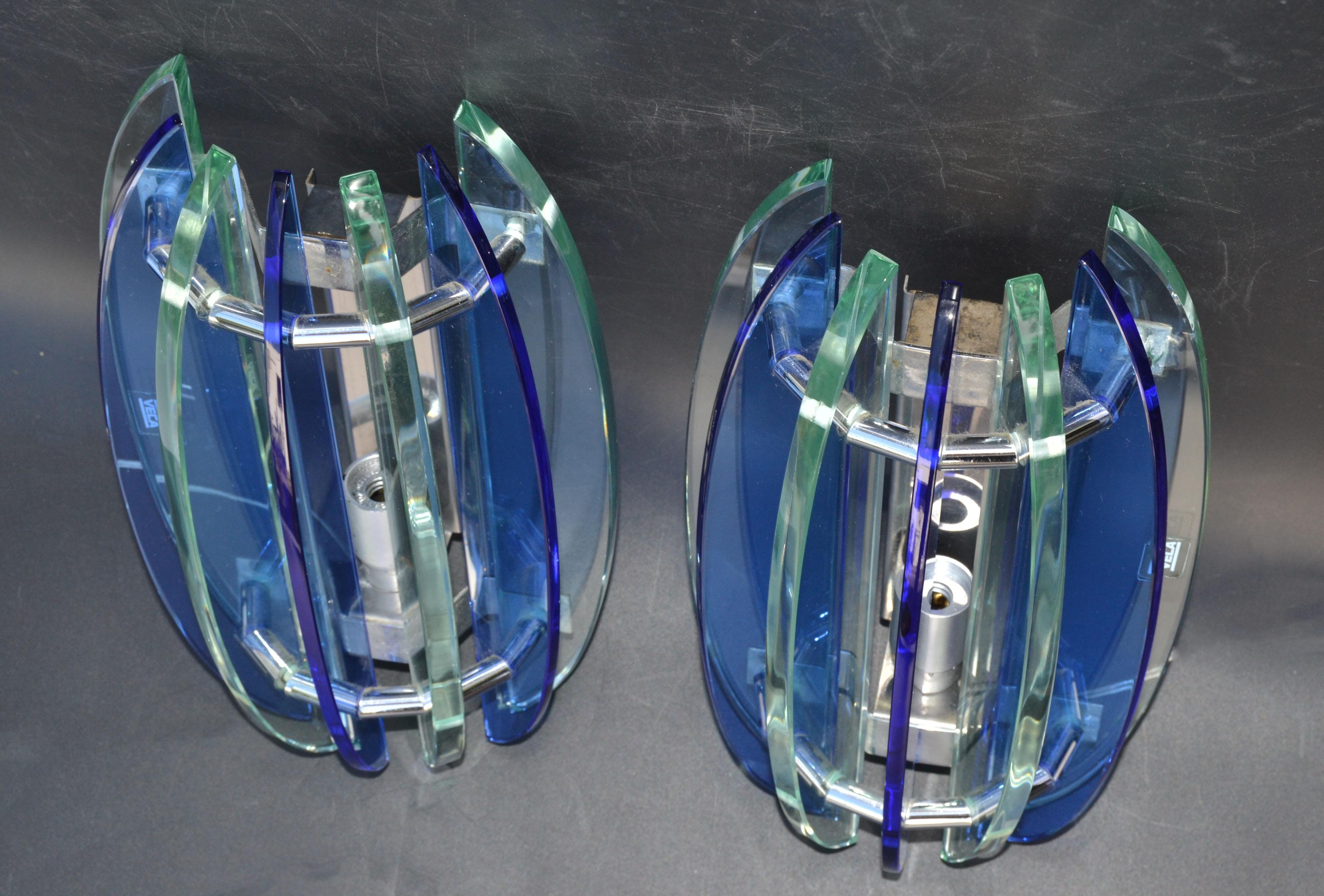 Italian Glass & Chrome Sconces by Veca Blue & Clear Mid-Century Modern, Pair For Sale 5