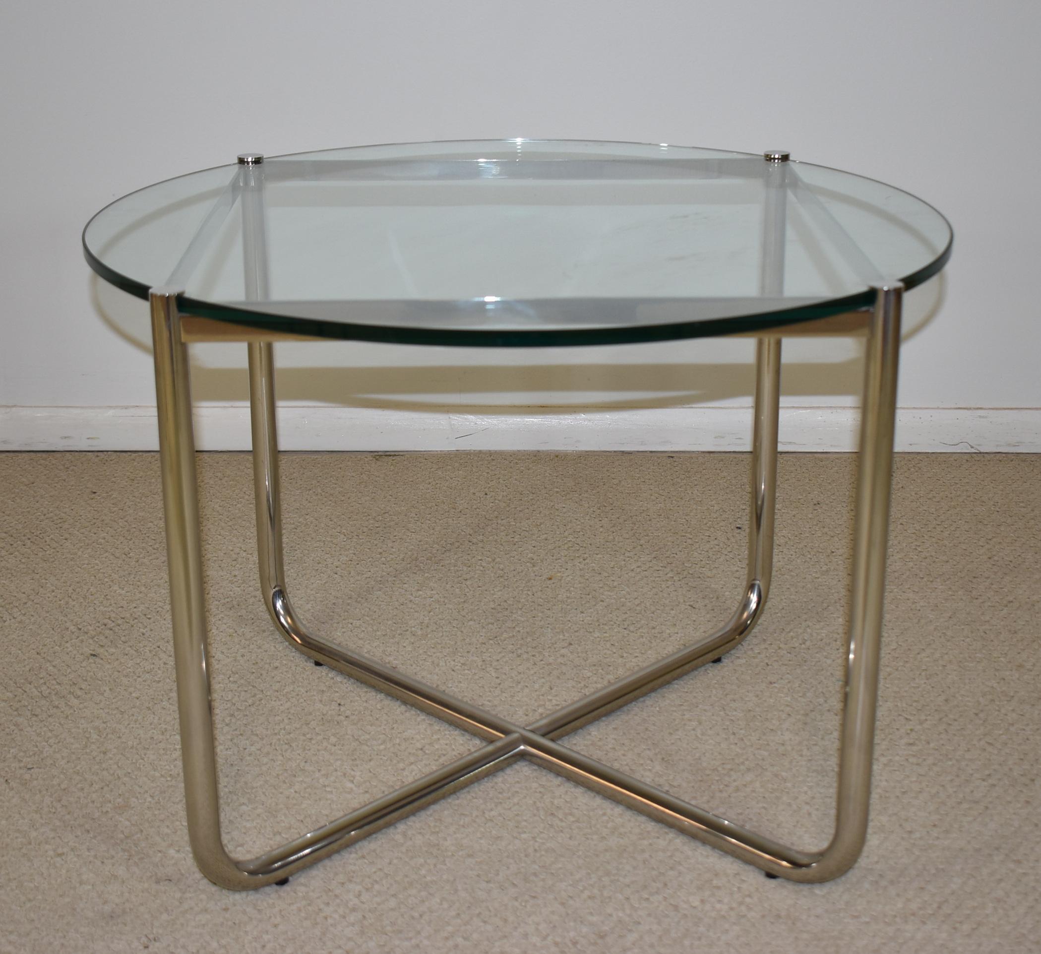 Modern chrome and glass side table by Mies Van Der Rohe for Knoll. Very nice to excellent condition. 27.5