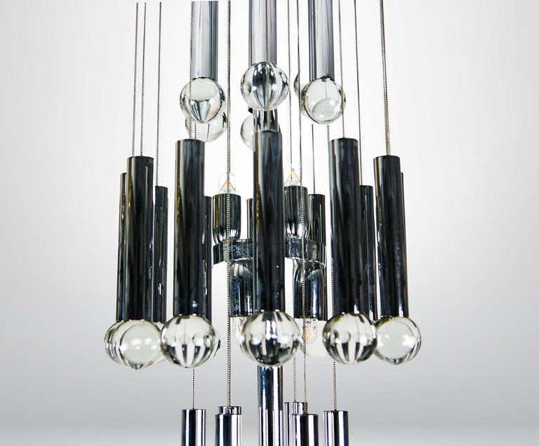 Steel Italian Glass Crystal Balls & Chrome Chandelier by Gaetano Sciolari Attr. For Sale