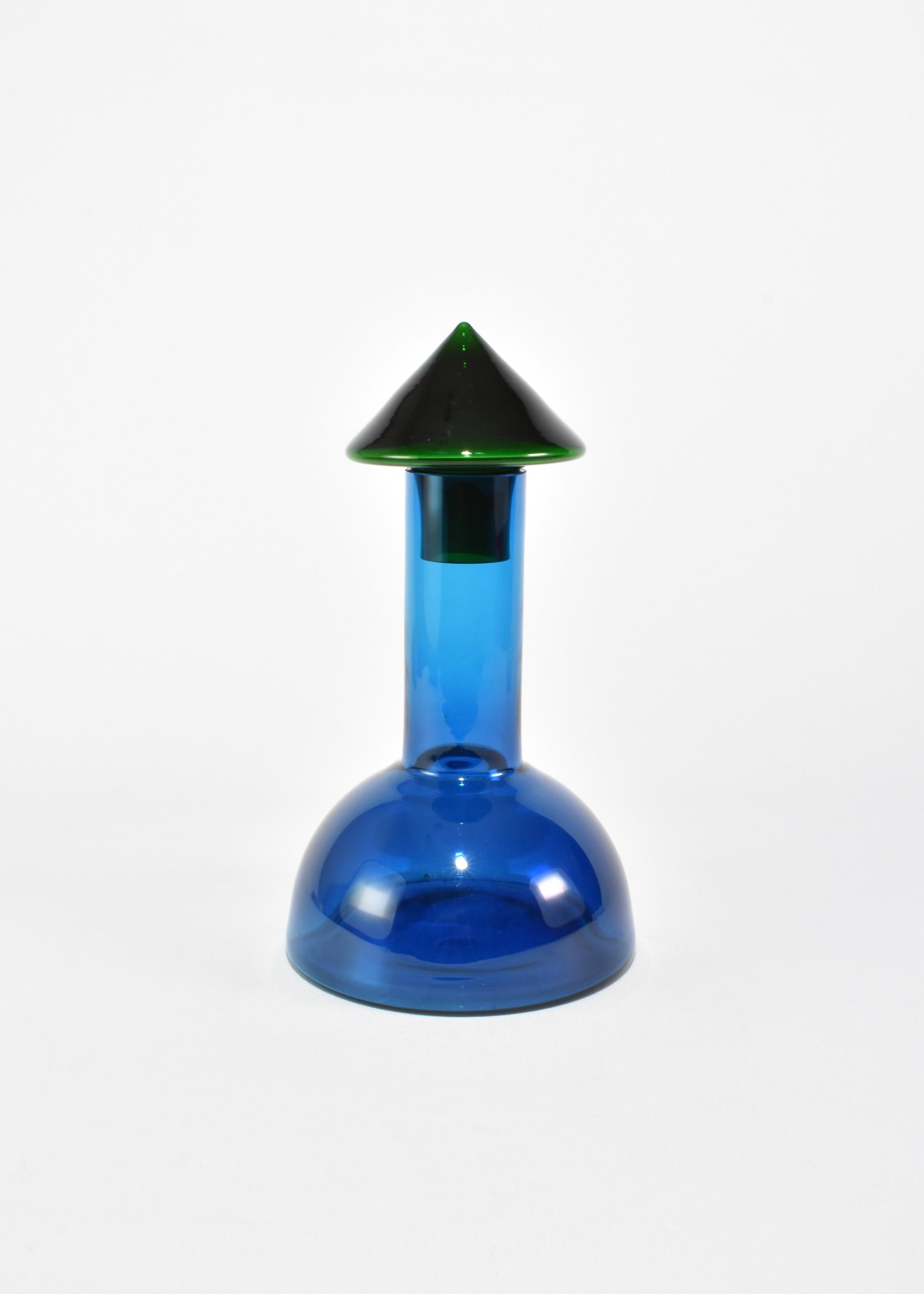 Sculptural glass decanter in blue with a green conical top. Original sticker reads V. Nason & C. Murano Italy.