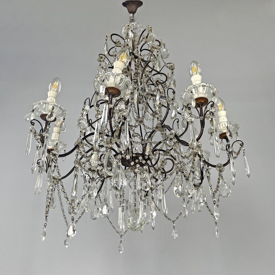 Metal Italian glass drop chandelier with metal structure, 1950s For Sale