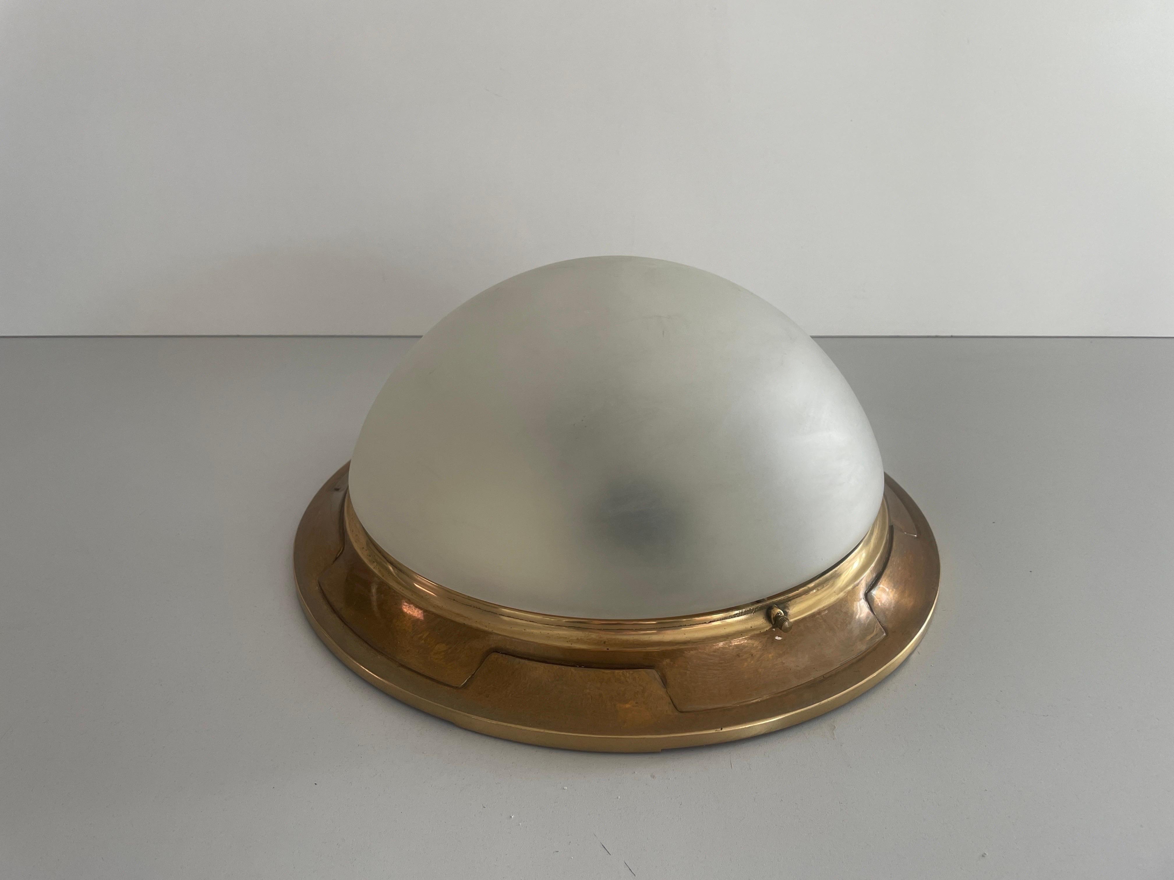 Mid-Century Modern Italian Glass & Heavy Brass Base Ceiling Lamp by Mod Dep Lamp Art, 1960s, Italy For Sale