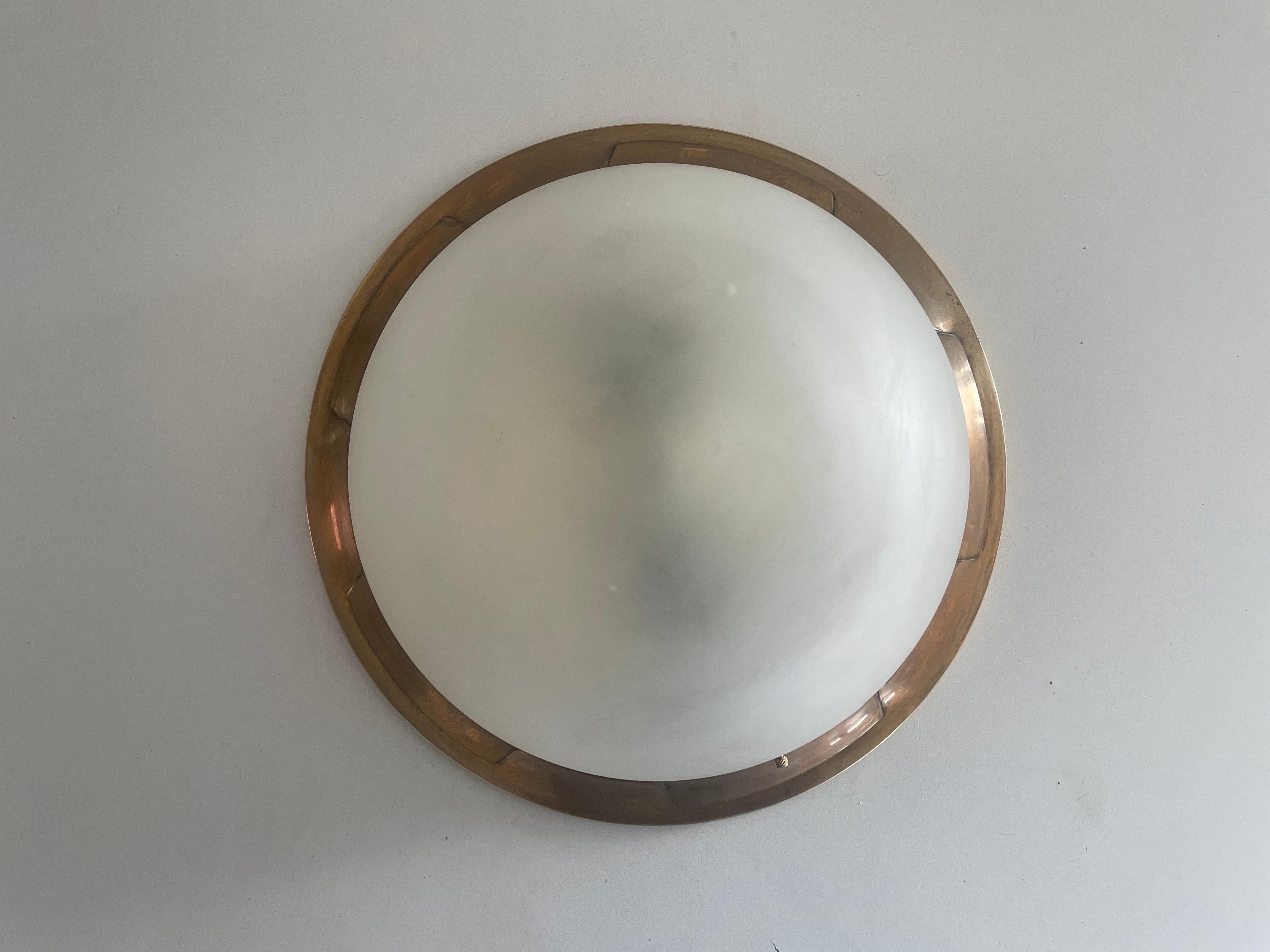 Mid-20th Century Italian Glass & Heavy Brass Base Ceiling Lamp by Mod Dep Lamp Art, 1960s, Italy For Sale