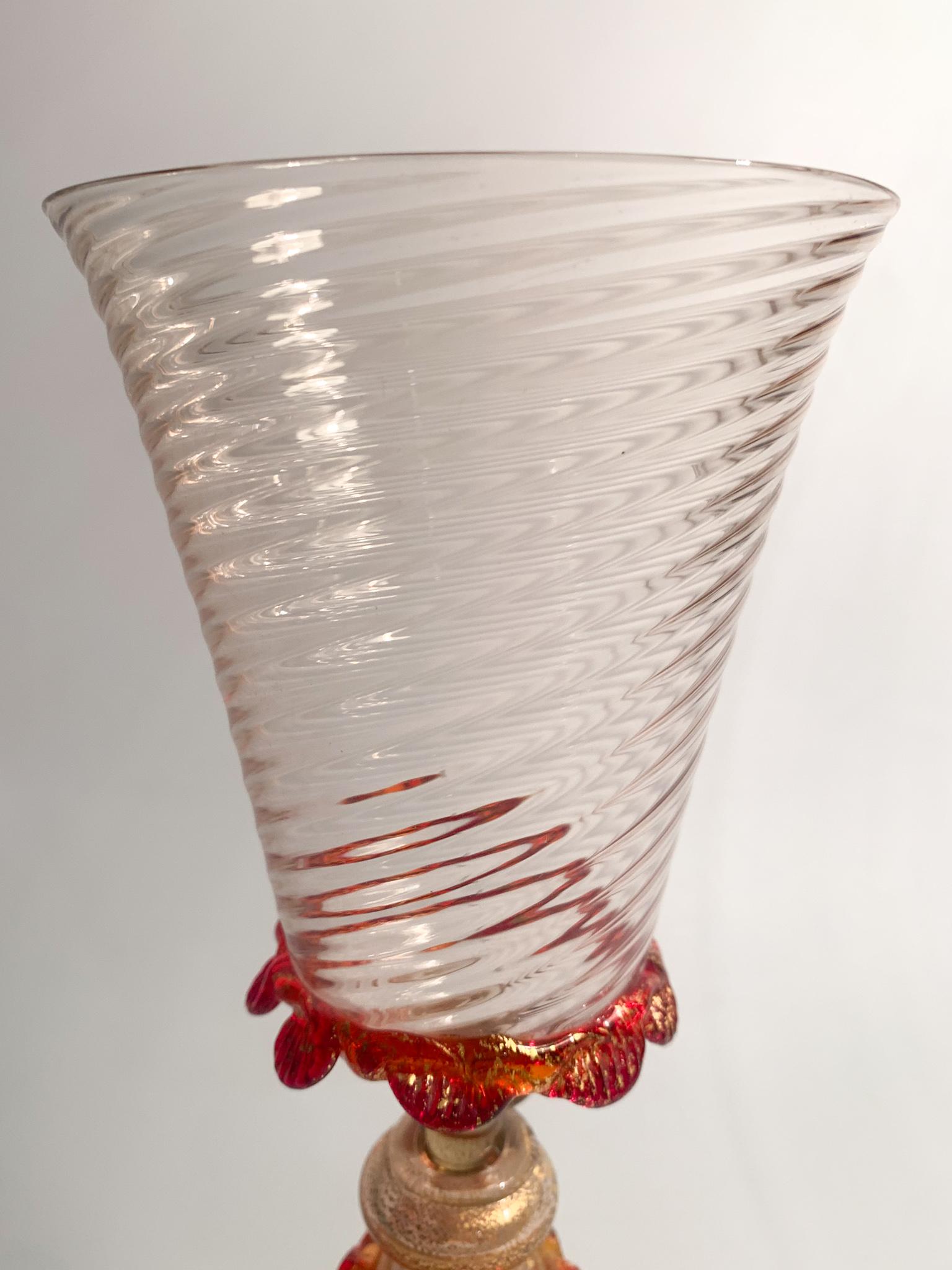 Mid-20th Century Italian Glass in Pink and Red Gold Leaf Murano Glass from the 1950s For Sale