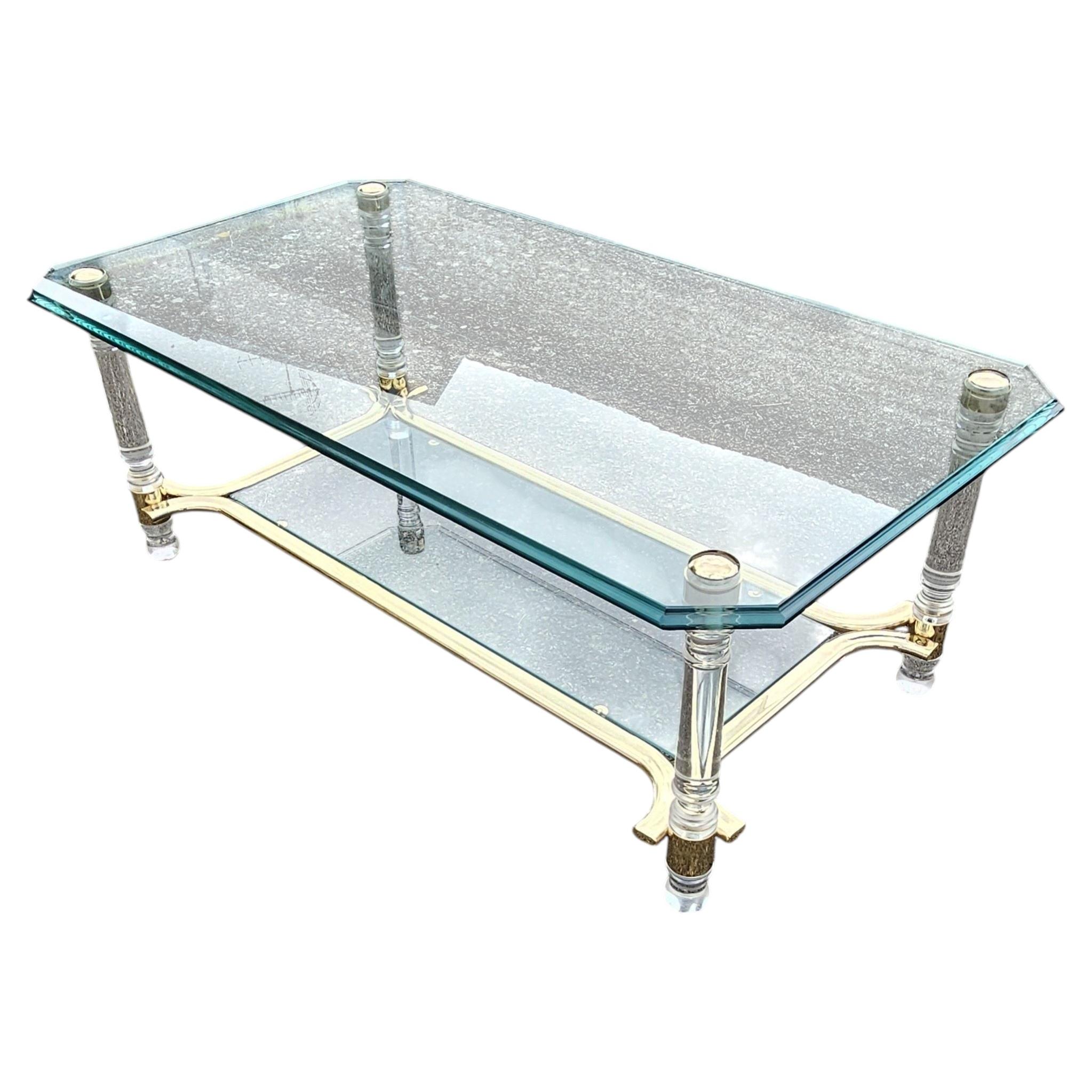 Italian Glass Lucite two Tier Coffee Table-Regency Glass Cocktail Table-80s