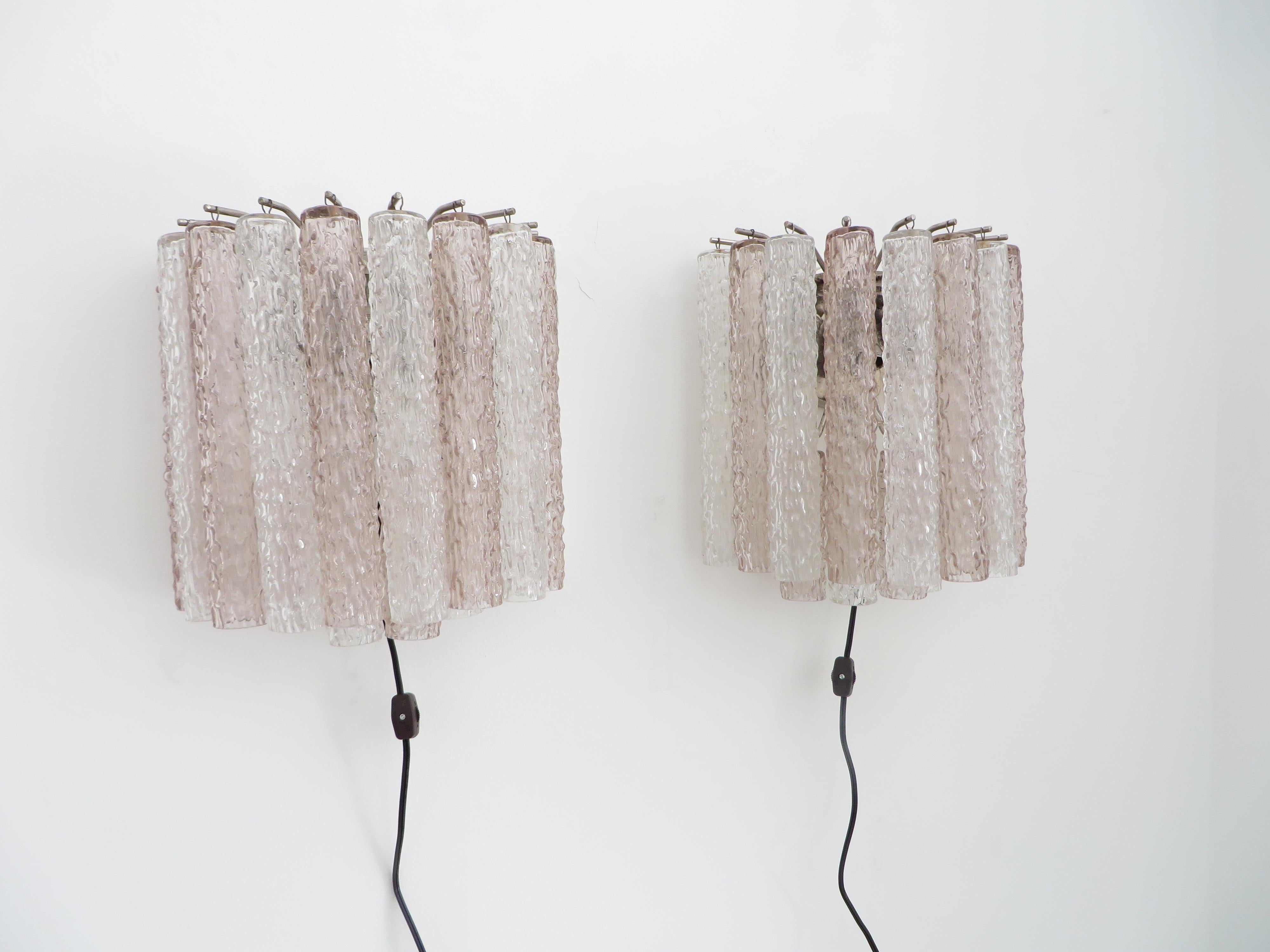 Mid-Century Modern Italian Glass Pale Lavender Pink and Clear Tronchi Murano Sconces by Venini