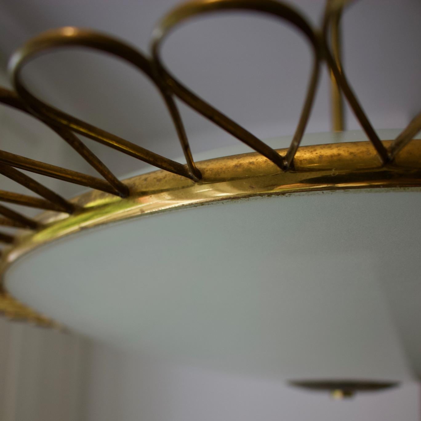Italian Glass Pendant Light with Decorative Brass Frame, Mid-20th Century  In Good Condition In London, GB