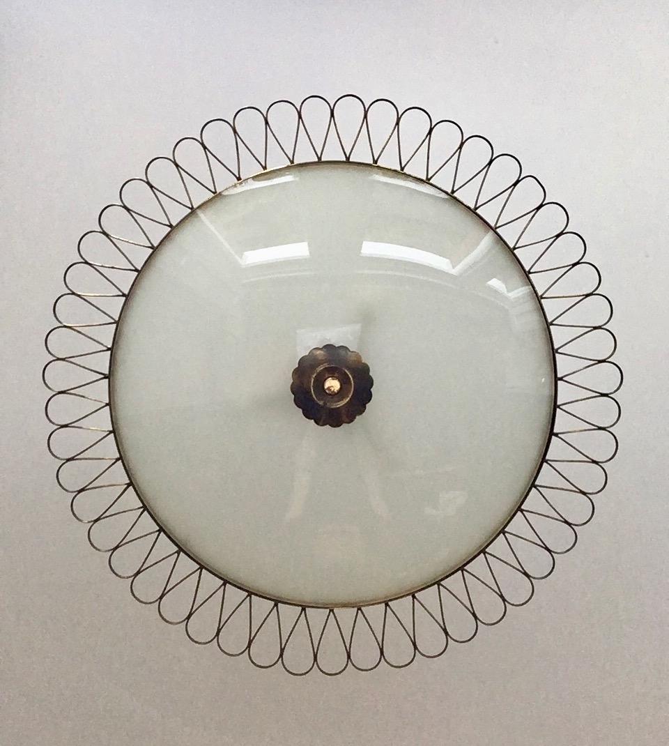 Italian Glass Pendant Light with Decorative Brass Frame, Mid-20th Century  1