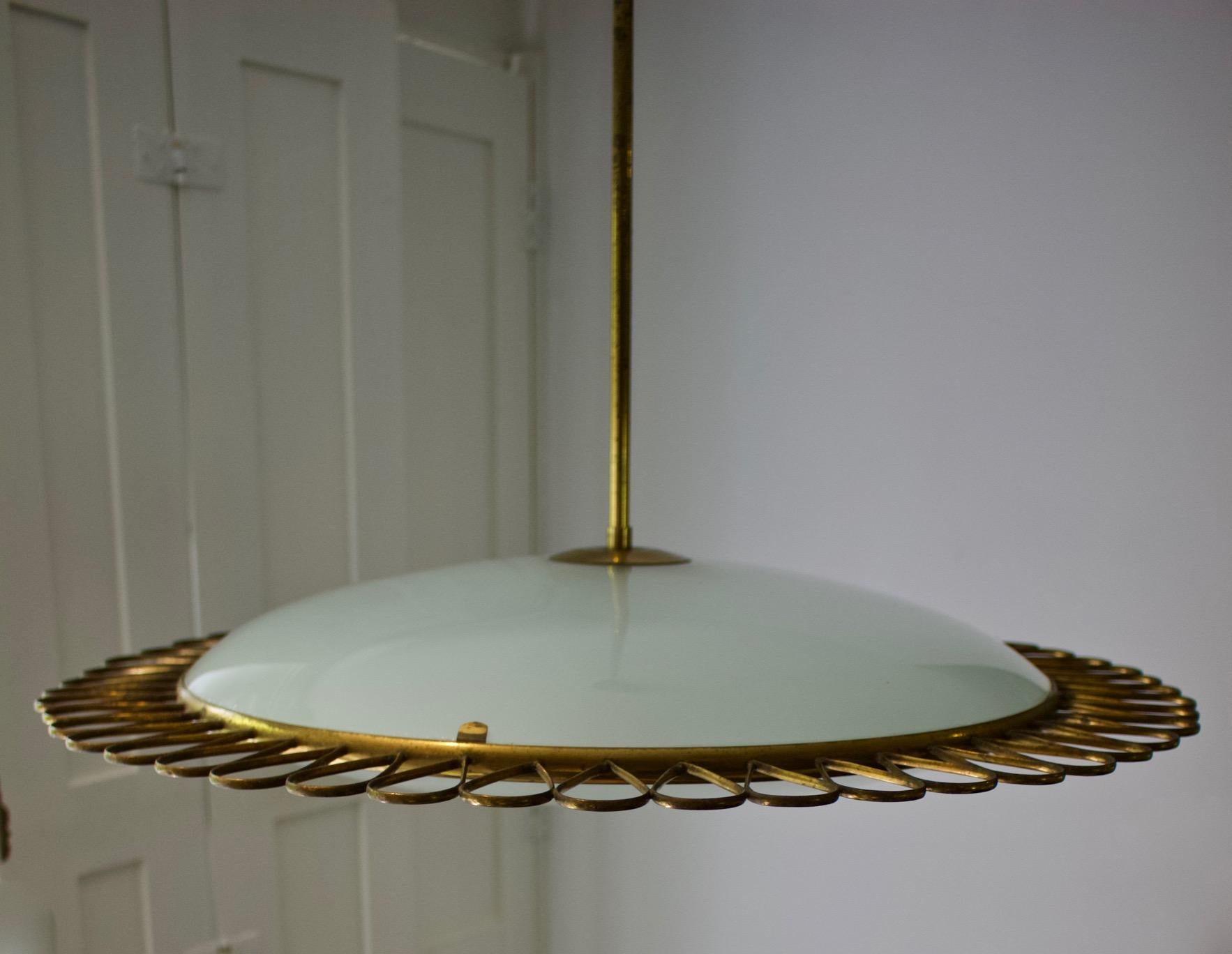 Italian Glass Pendant Light with Decorative Brass Frame, Mid-20th Century  2