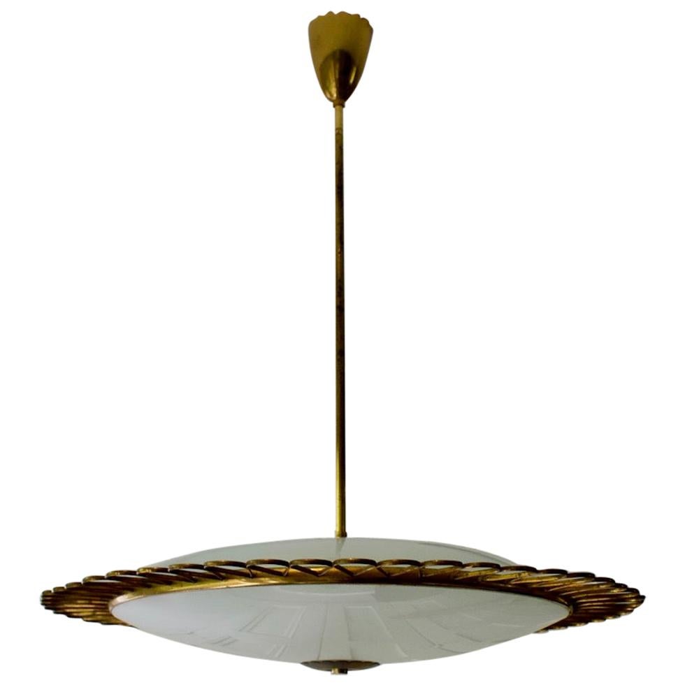 Italian Glass Pendant Light with Decorative Brass Frame, Mid-20th Century 