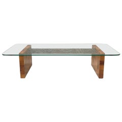 Italian Glass Top and Wooden Base Coffee Table, 1980s