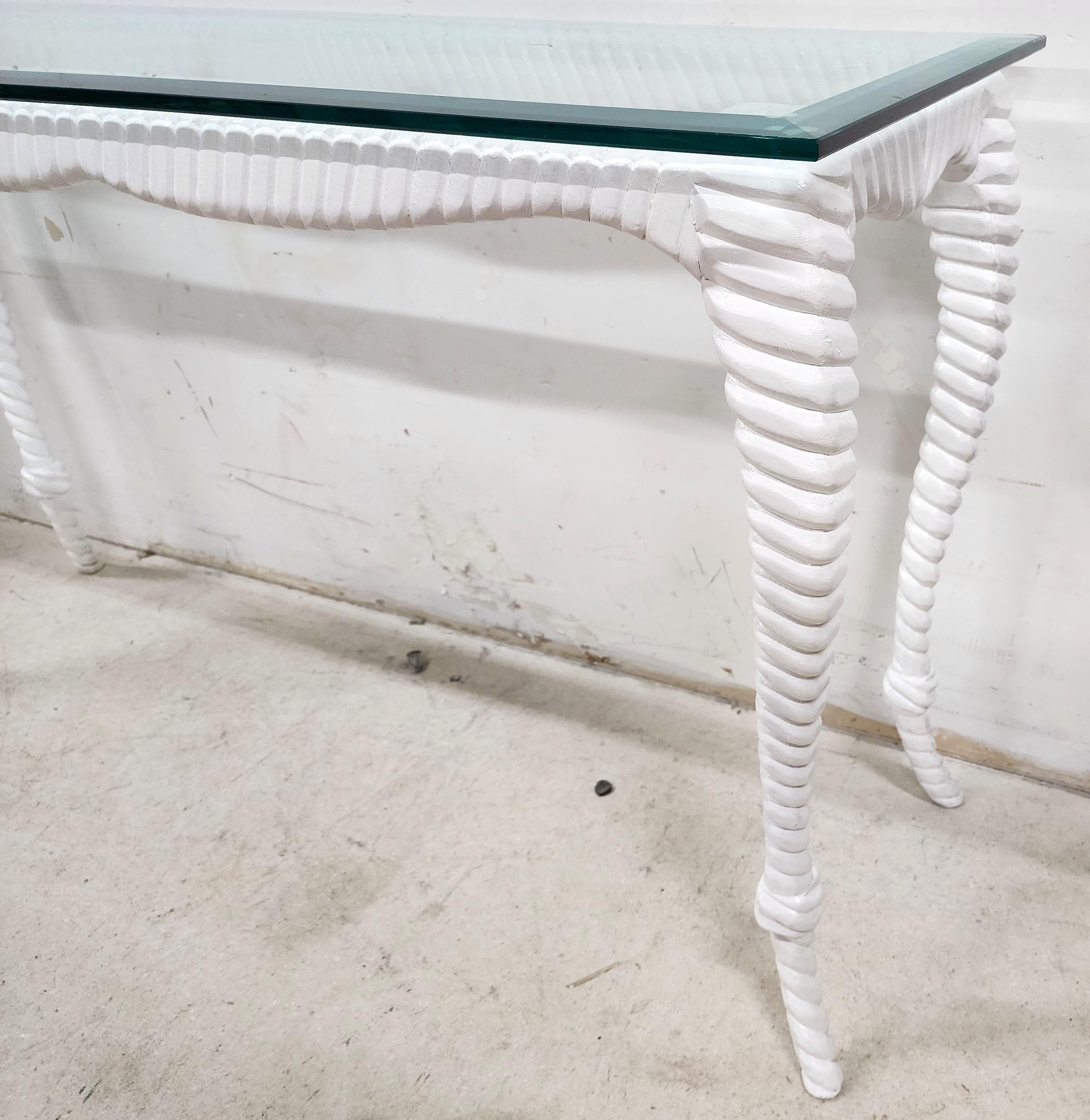 Italian Glass Wood Console Faux Rope Vintage In Good Condition For Sale In Lake Worth, FL