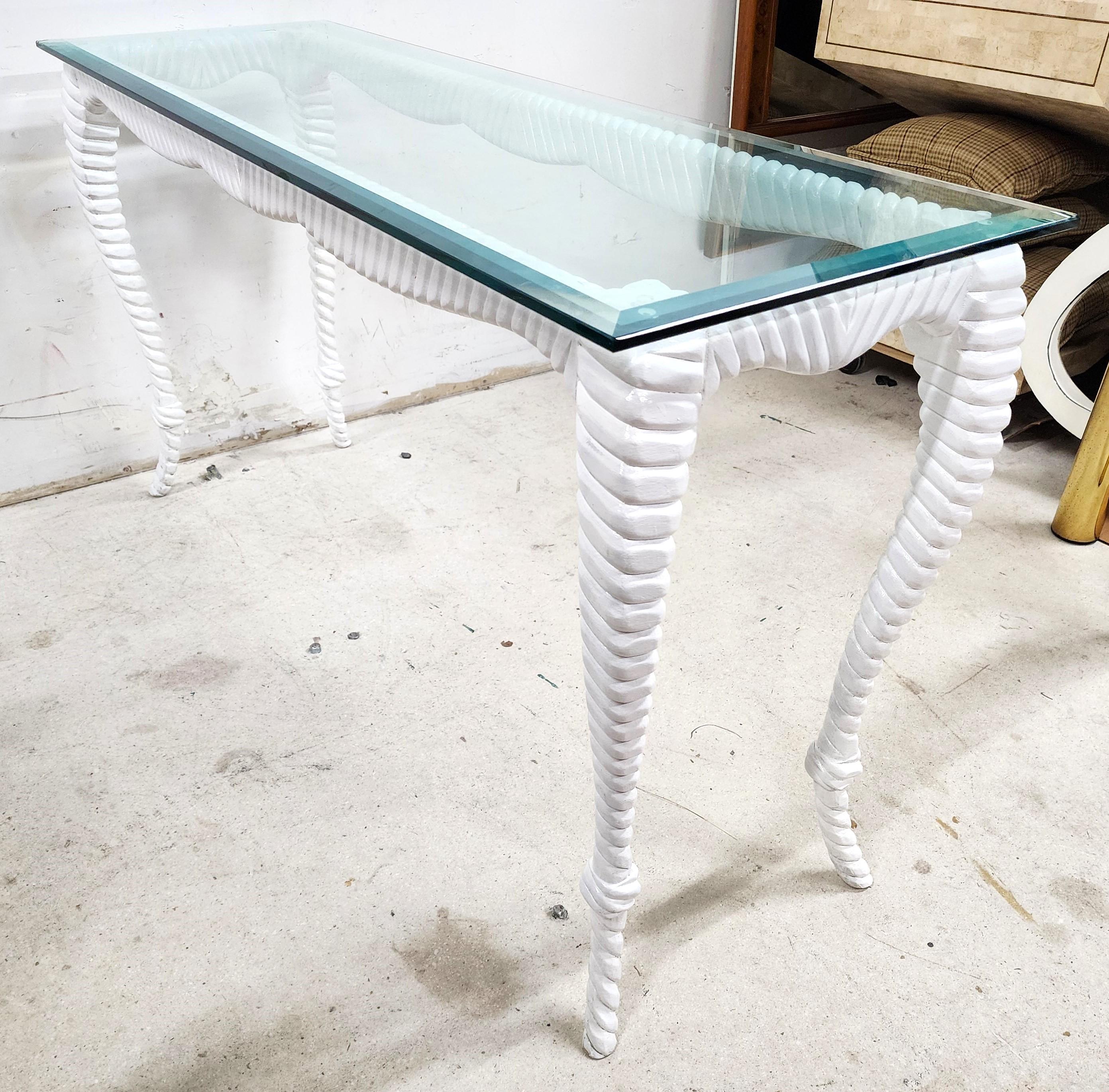 Italian Glass Wood Console Faux Rope Vintage For Sale 5