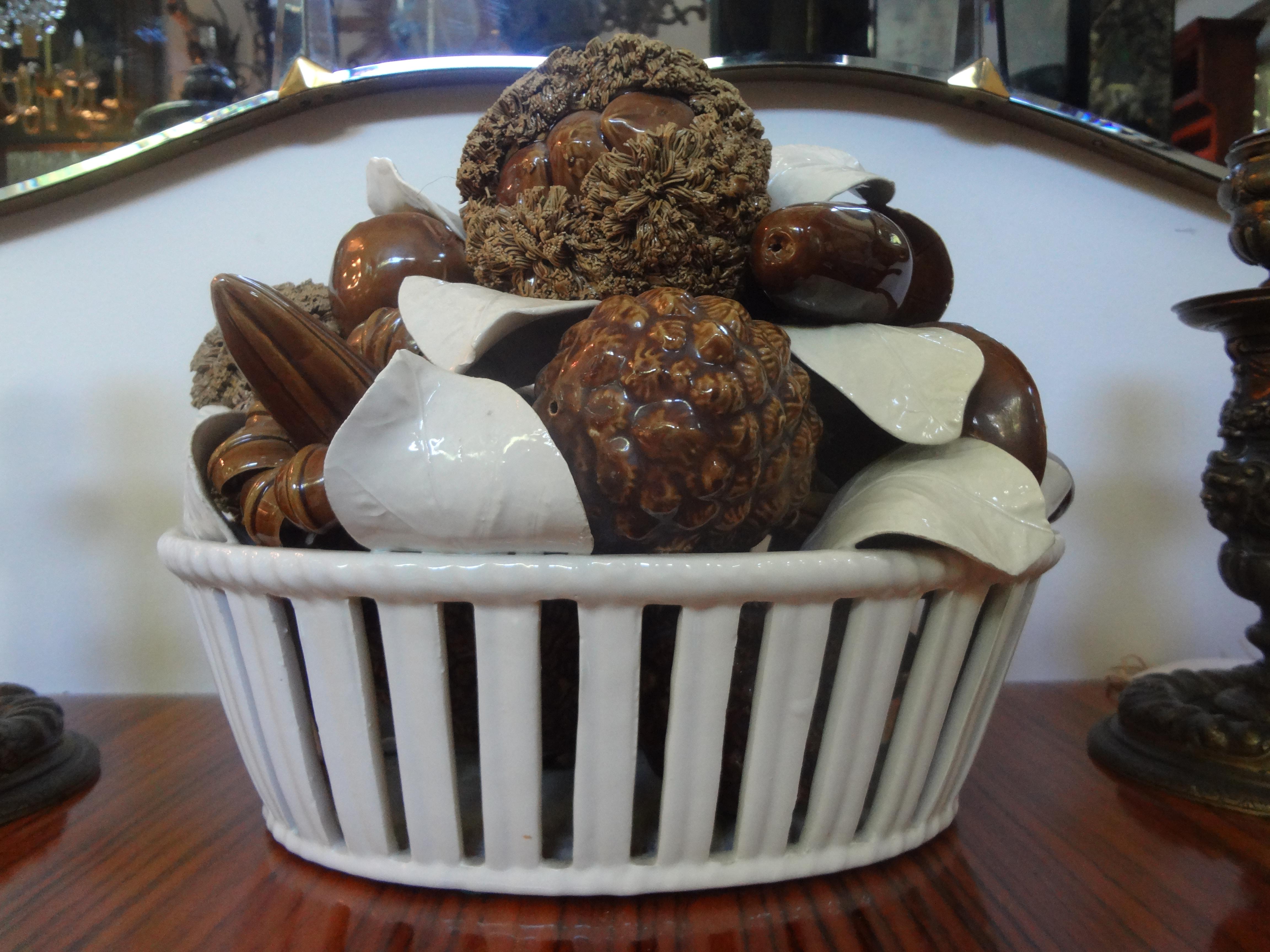 Italian Glazed Ceramic Basket of Mushrooms For Sale 5