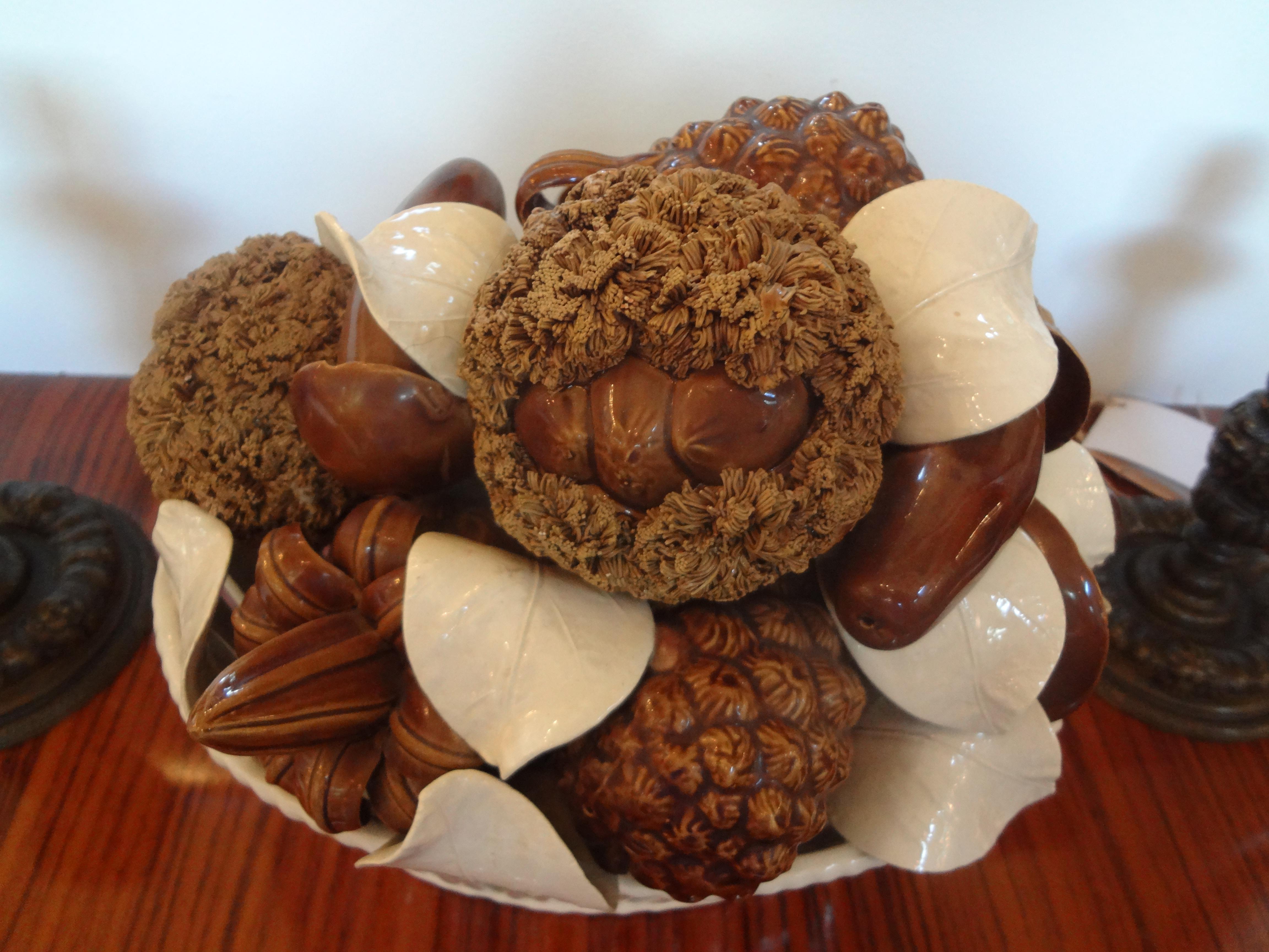 Hollywood Regency Italian Glazed Ceramic Basket of Mushrooms For Sale