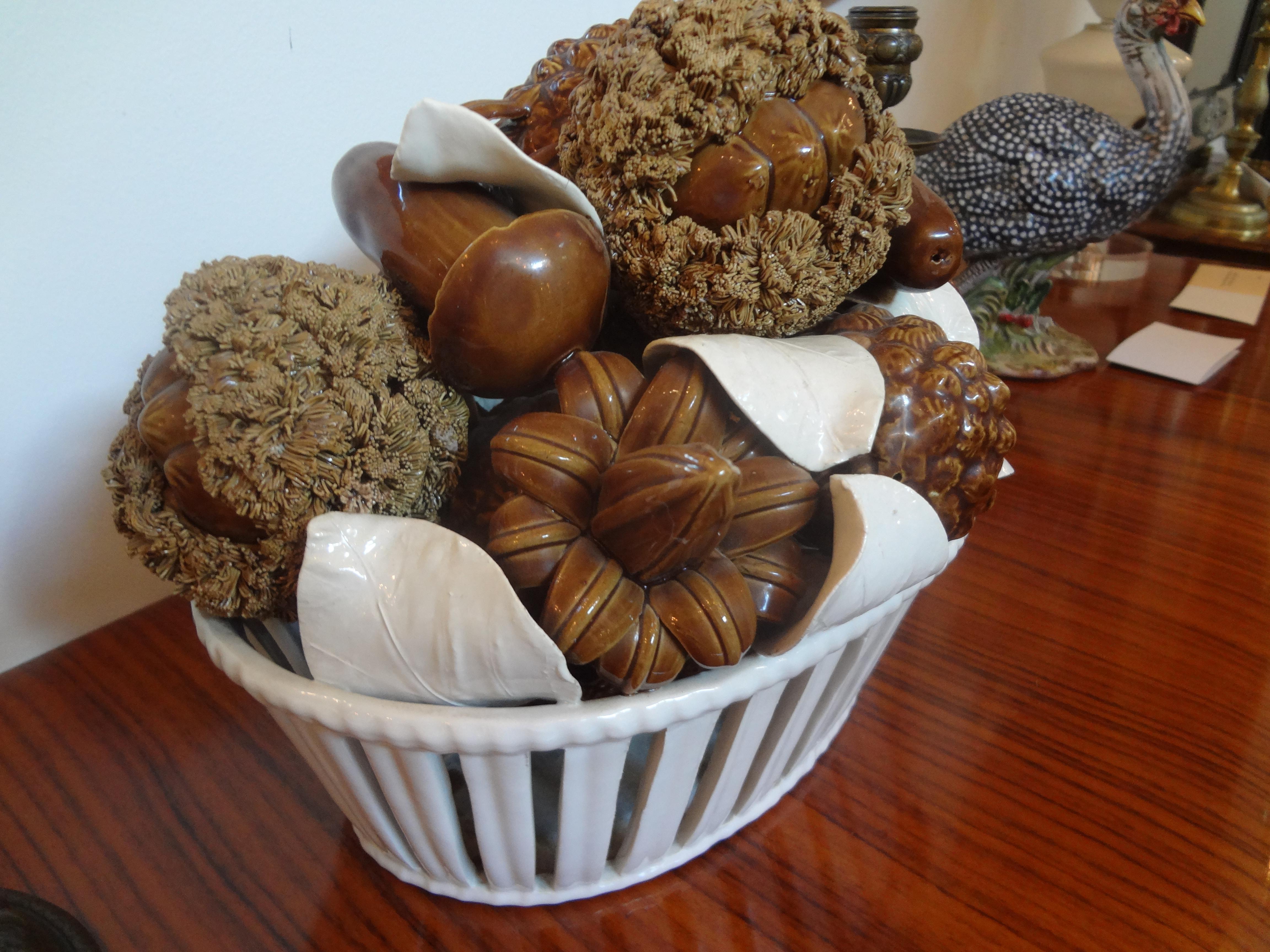 Italian Glazed Ceramic Basket of Mushrooms In Good Condition For Sale In Houston, TX
