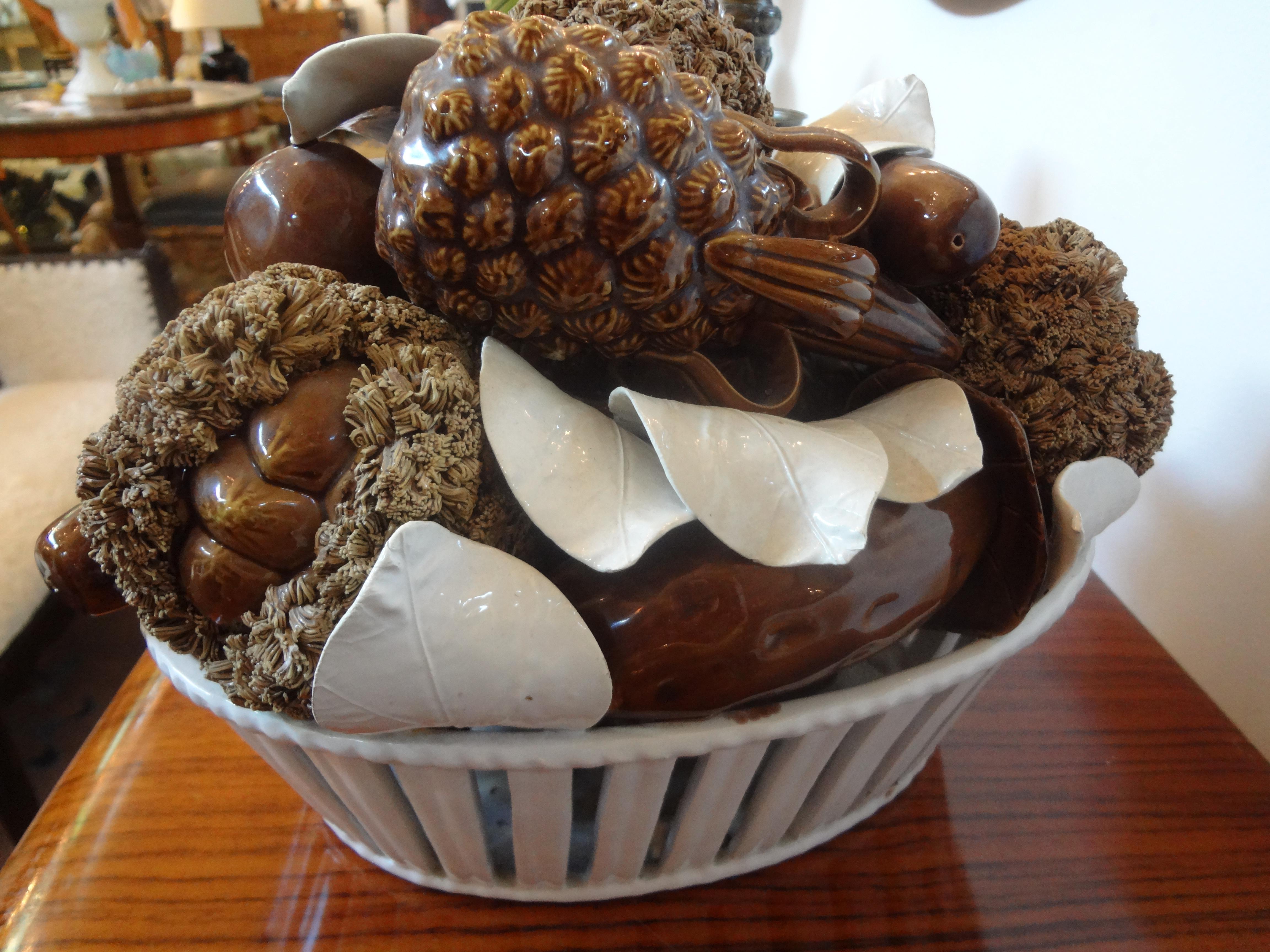Italian Glazed Ceramic Basket of Mushrooms For Sale 1