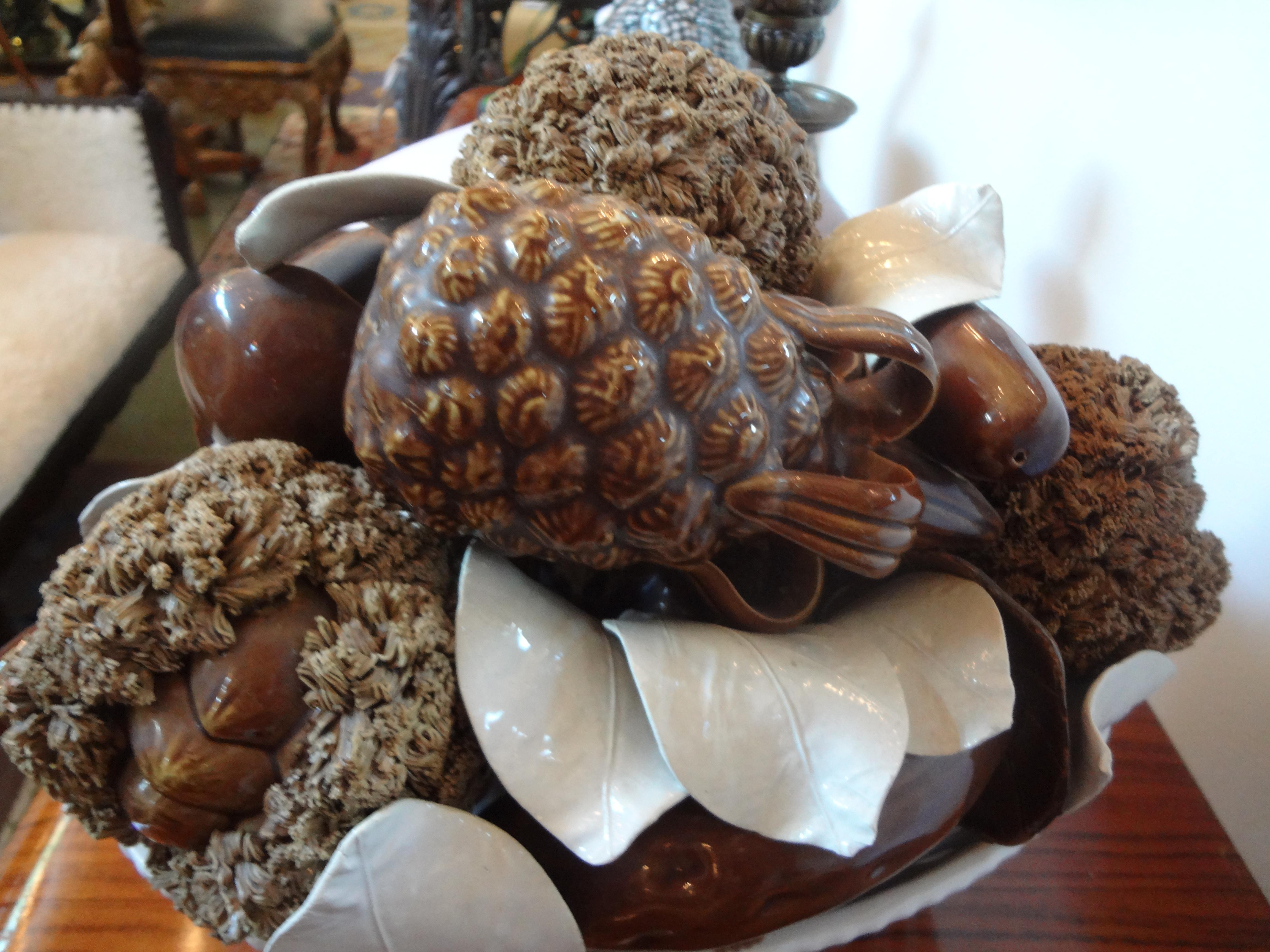 Italian Glazed Ceramic Basket of Mushrooms For Sale 4