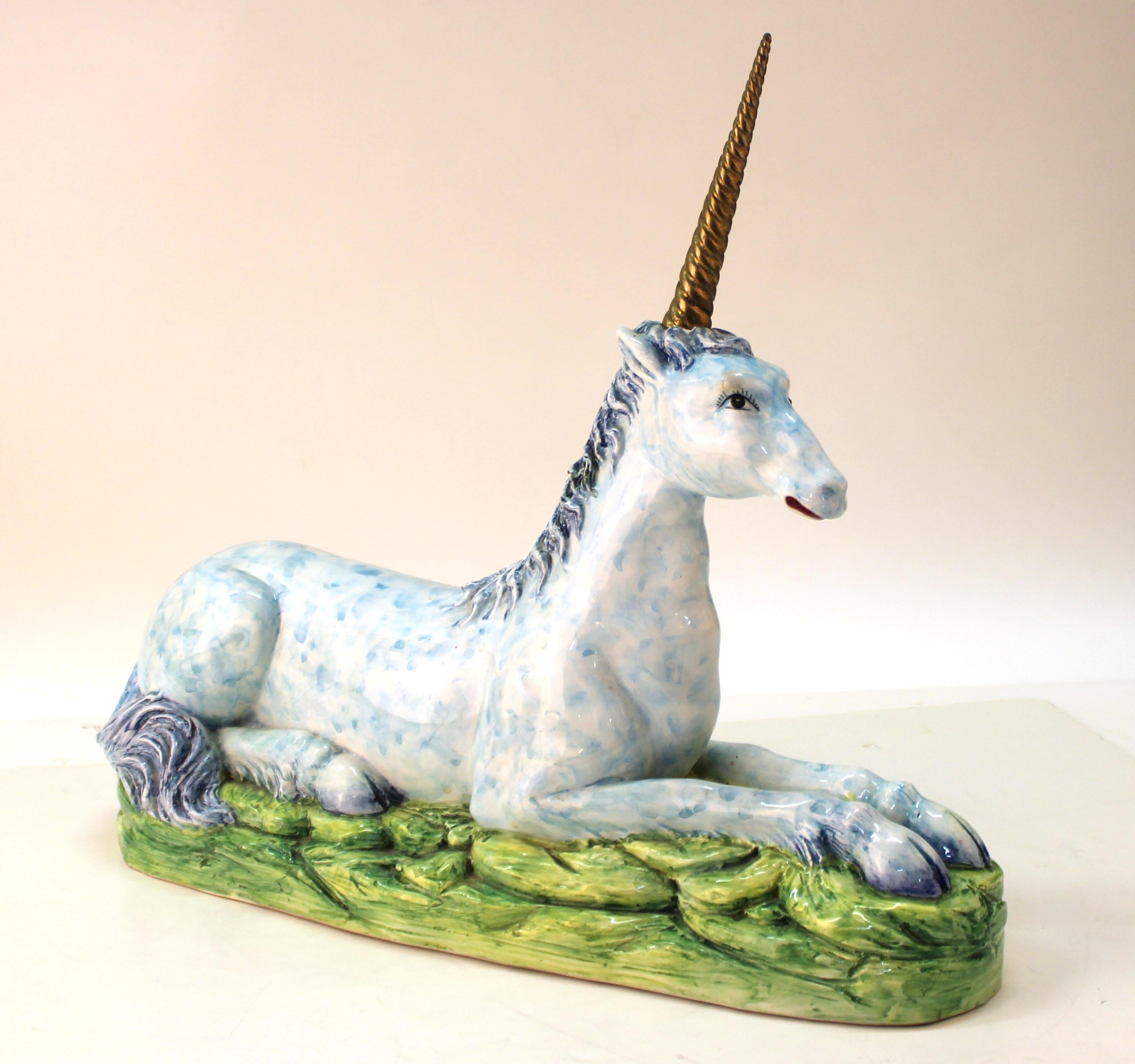 Modern Italian Glazed Ceramic Blue Unicorn