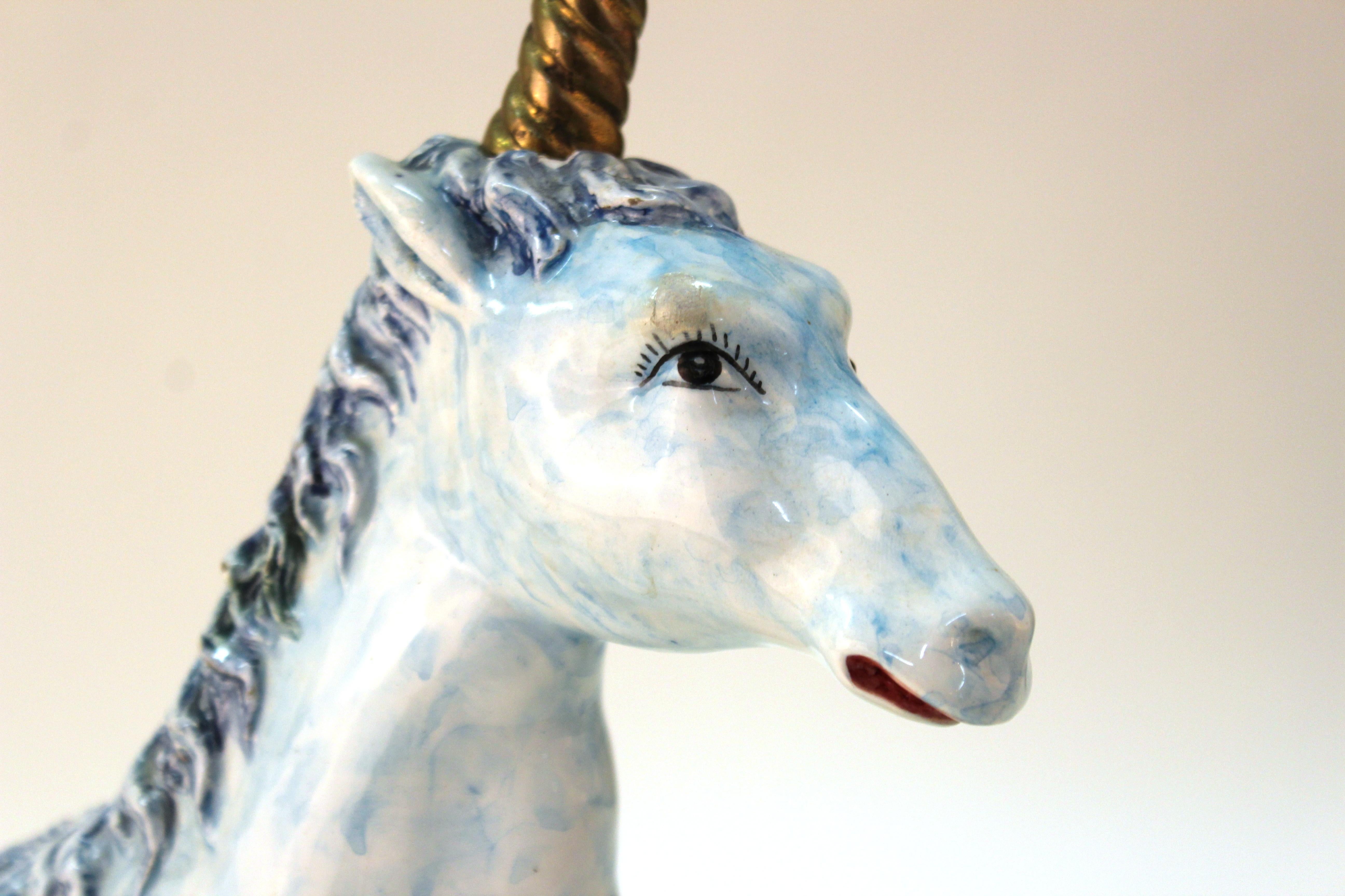 Italian Glazed Ceramic Blue Unicorn In Good Condition In New York, NY