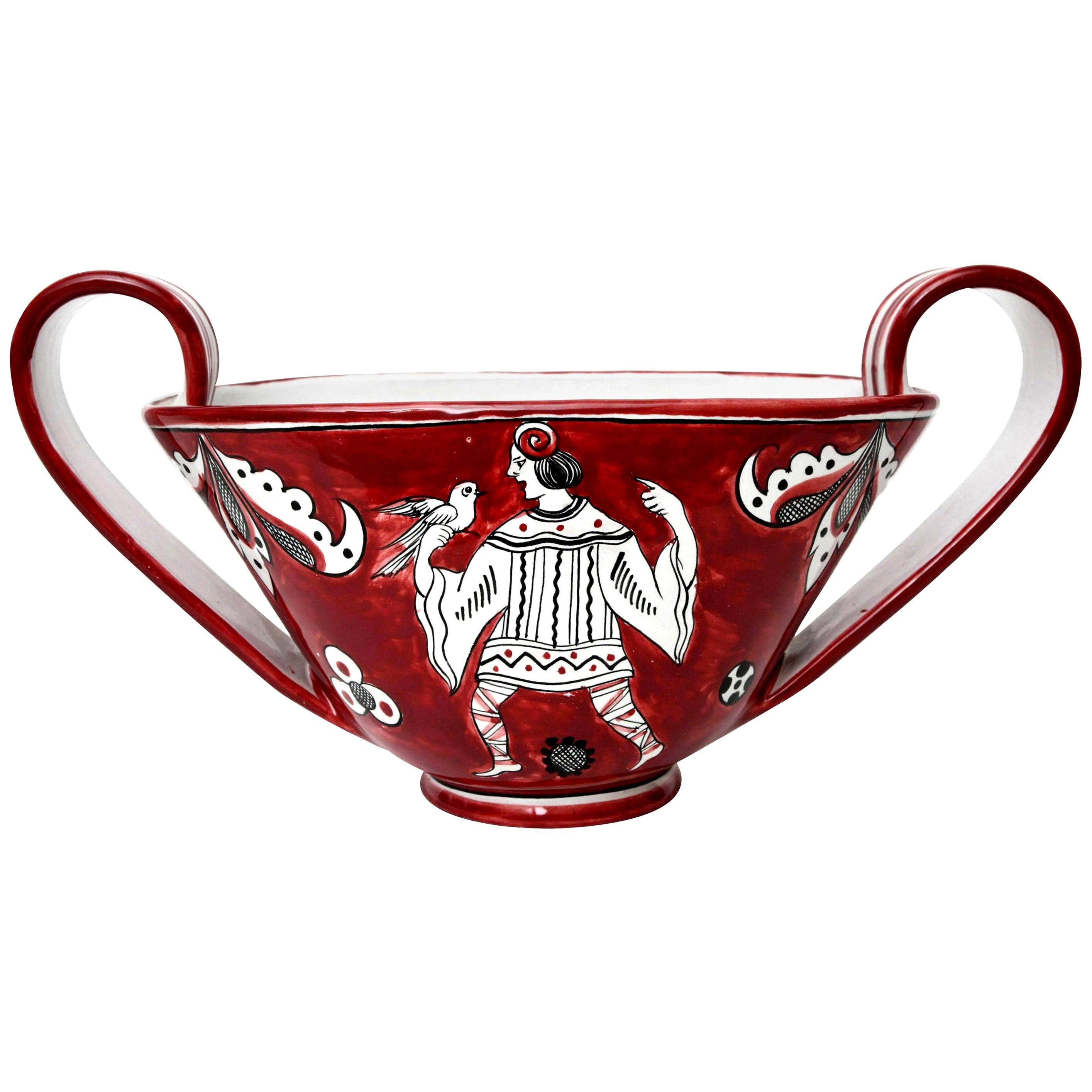 Italian Glazed Red, White and Black Ceramic Bowl or Vessel Mid-Century Modern