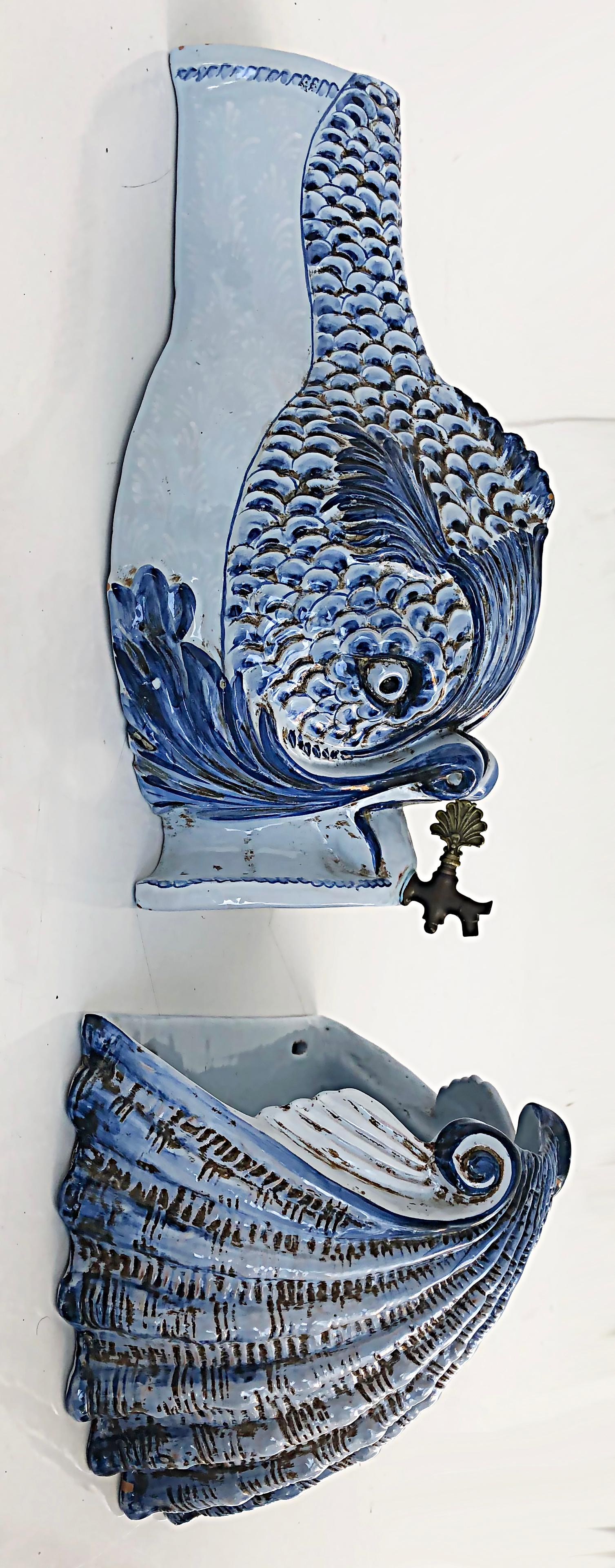 20th Century Italian Glazed Ceramic Dolphin Wall Fountain Lavabo with Shell