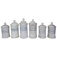 Antique Italian Glazed Ceramic Lidded Canisters, Set of 6