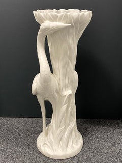 Italian Glazed Ceramic Pedestal Plant Stand with Crane Bird
