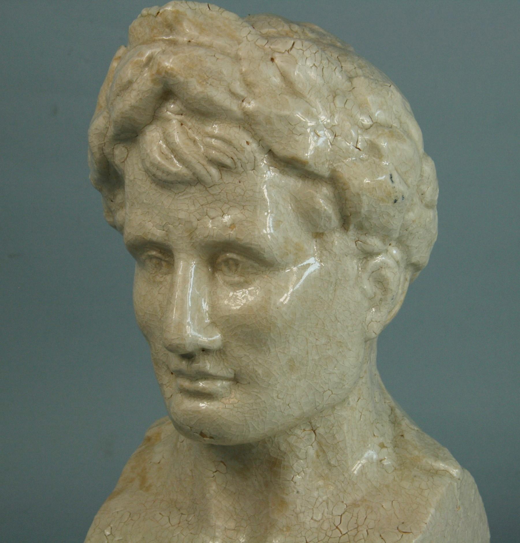 Italian Glazed Ceramic Roman Bust/Sculpture, 1940's In Good Condition For Sale In Douglas Manor, NY