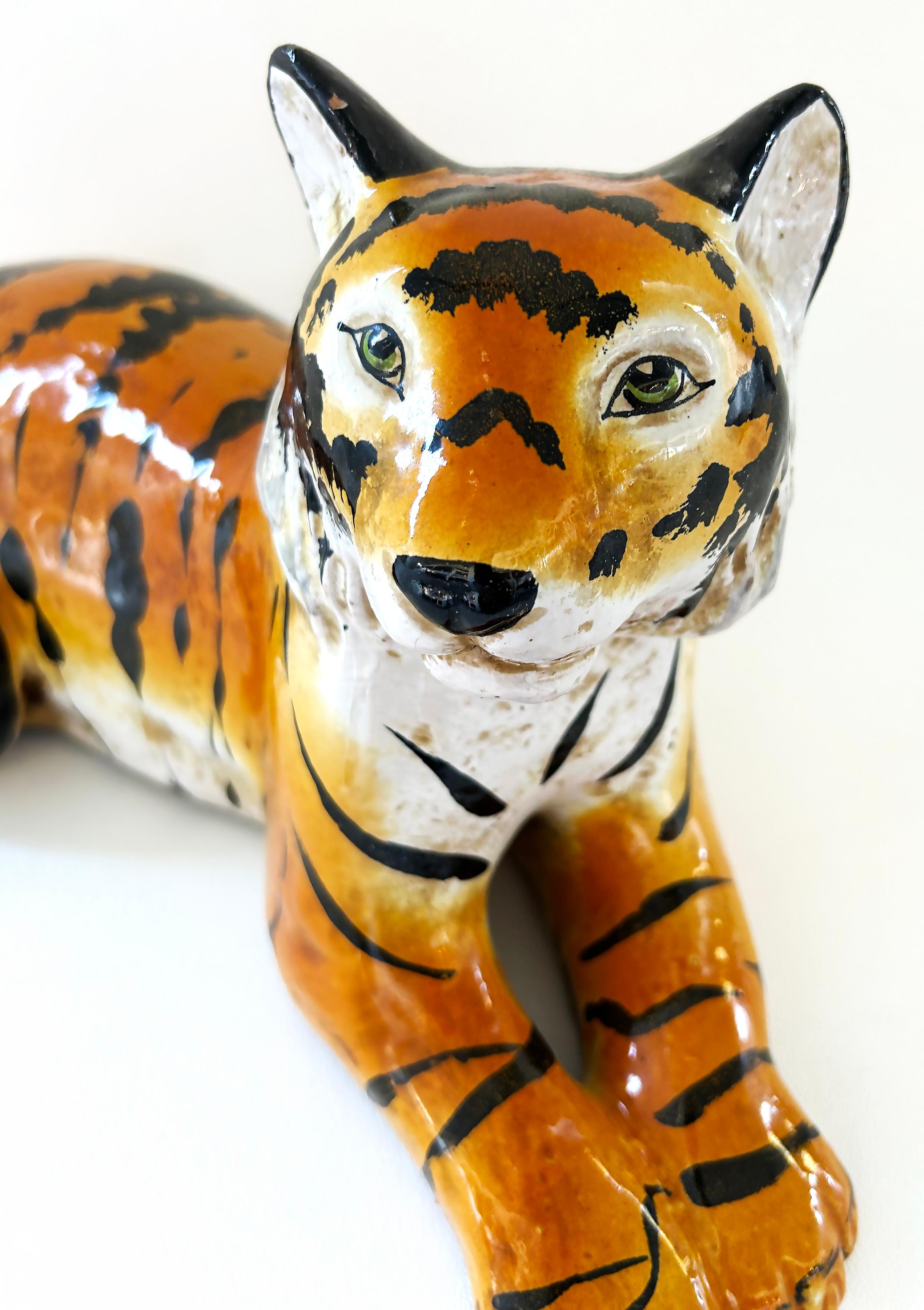 Mid-Century Modern Italian Glazed Ceramic Sculpture of a Tiger in repose, Circa 1960s For Sale
