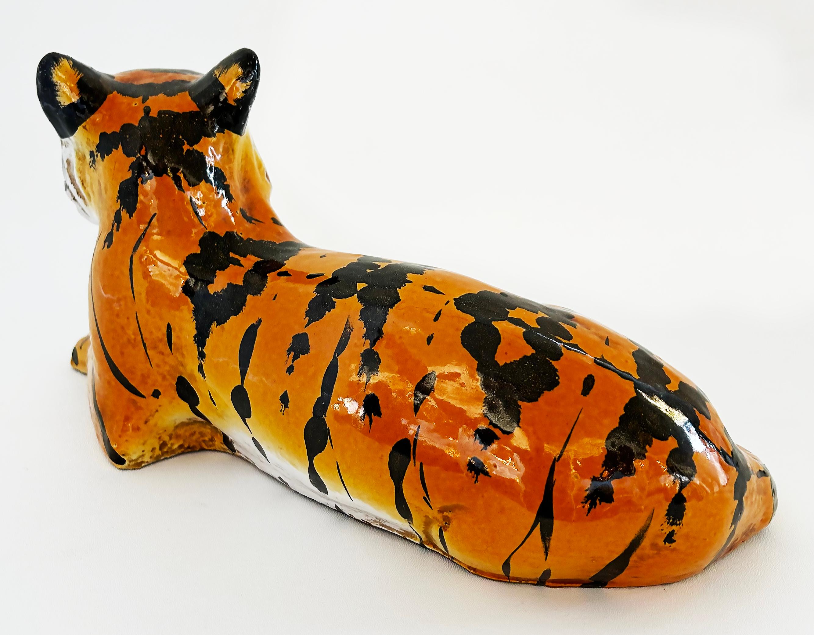 20th Century Italian Glazed Ceramic Sculpture of a Tiger in repose, Circa 1960s For Sale