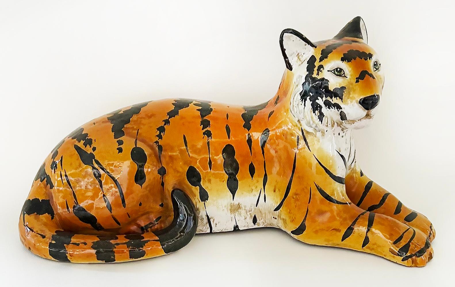 Italian Glazed Ceramic Sculpture of a Tiger in repose, Circa 1960s For Sale 1