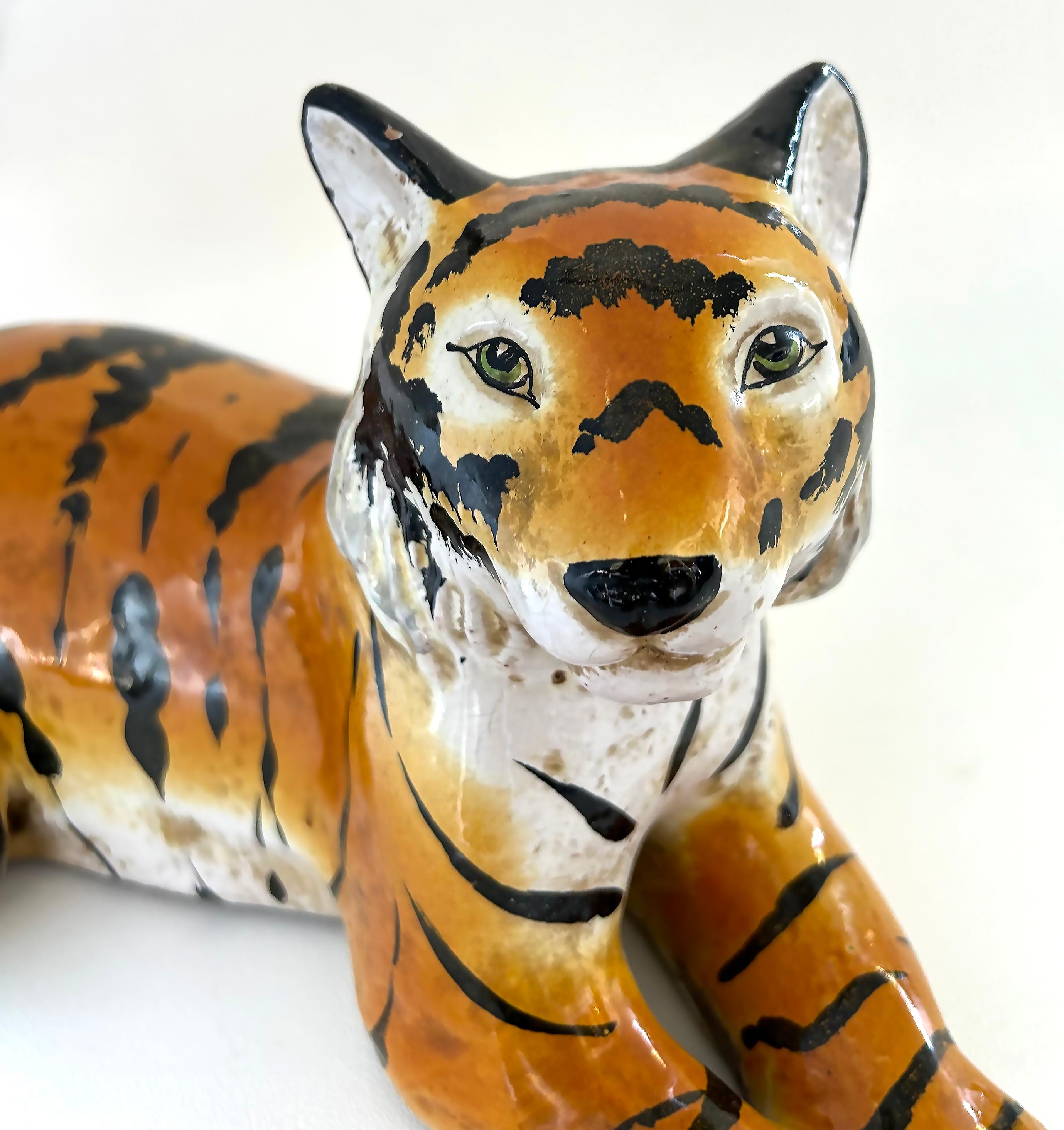 Italian Glazed Ceramic Sculpture of a Tiger in repose, Circa 1960s For Sale 2