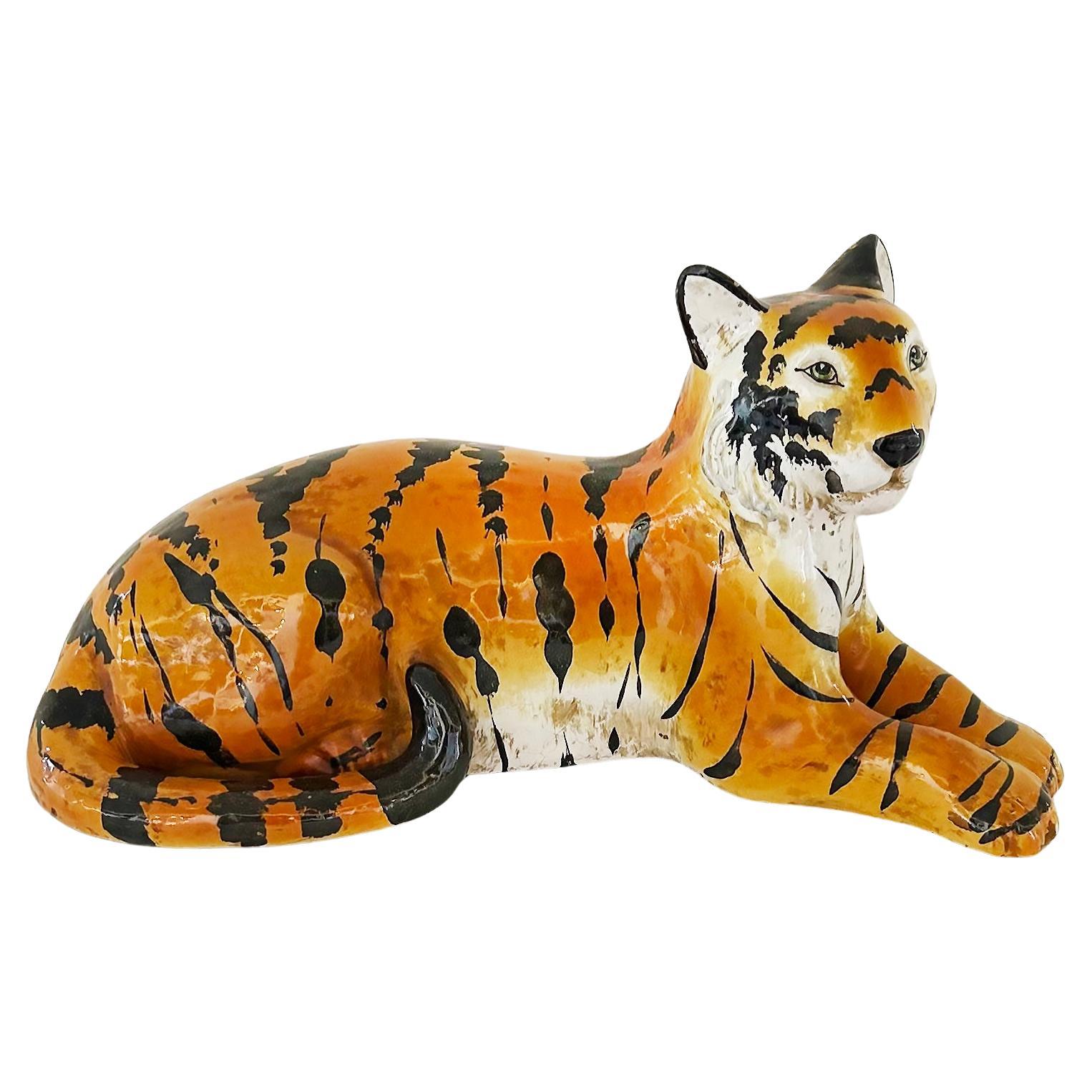 Italian Glazed Ceramic Sculpture of a Tiger in repose, Circa 1960s For Sale