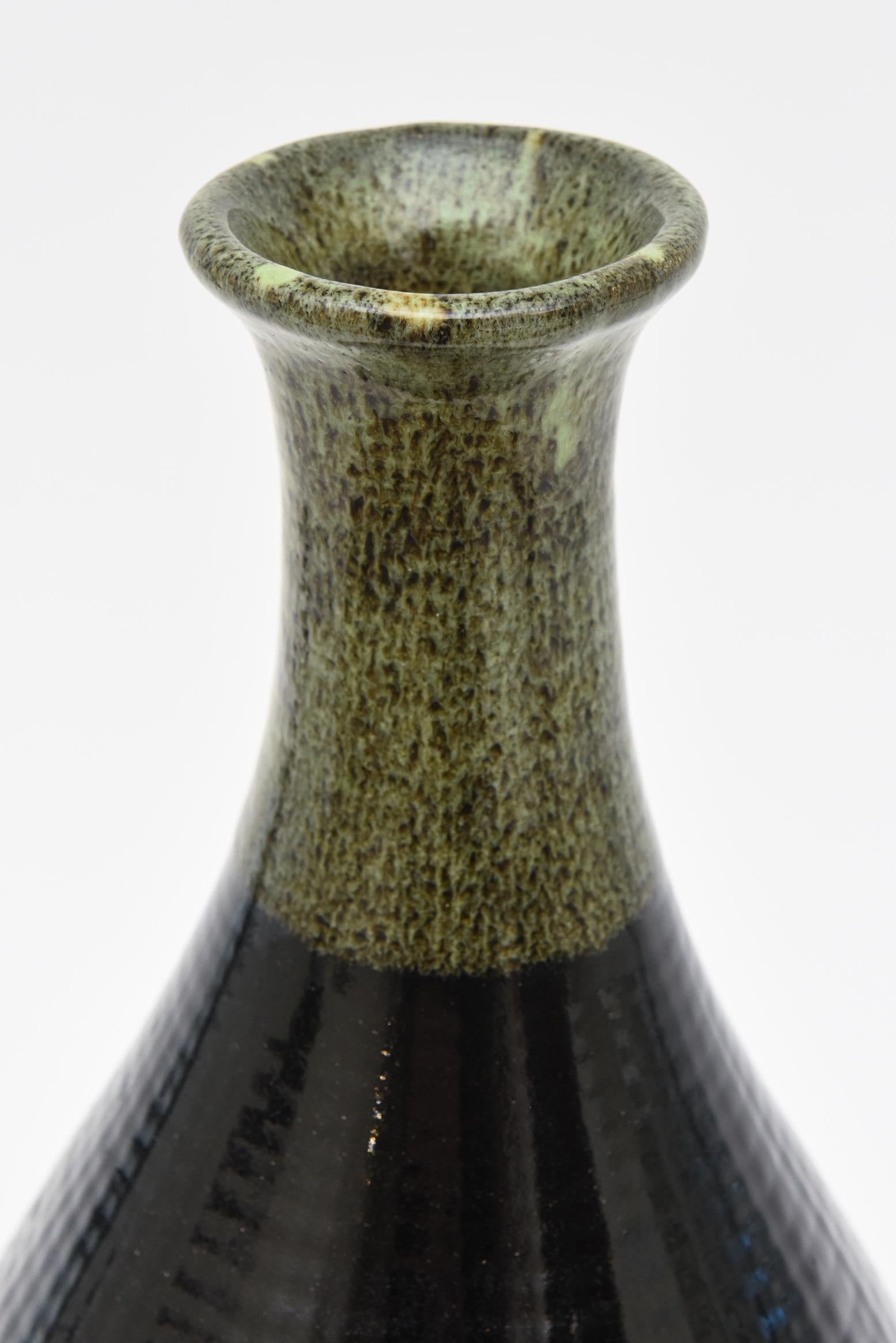 Late 20th Century Italian Glazed Ceramic Vessel, Bottle Green, Black, Charcoal, Off White For Sale