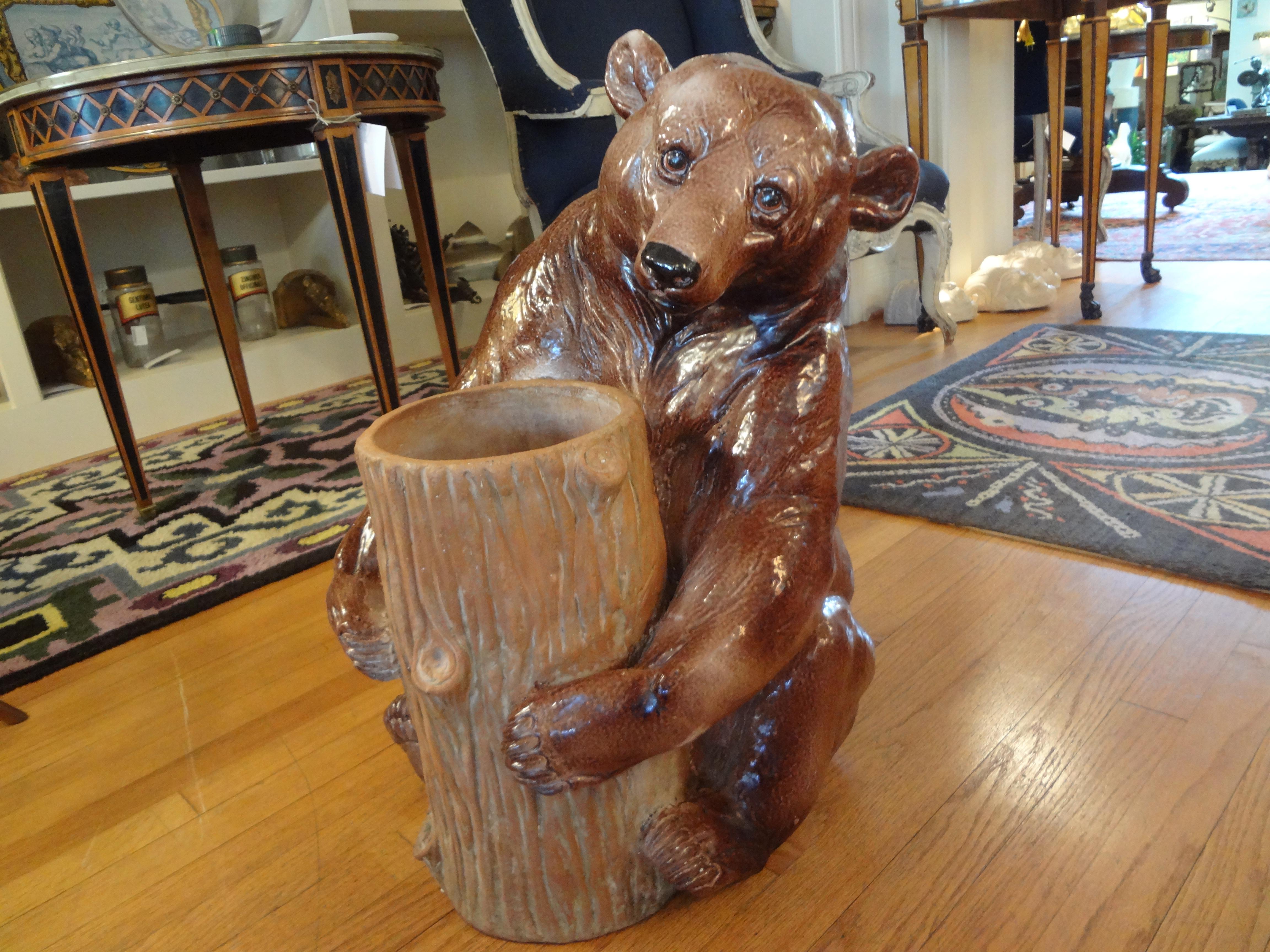 Italian Glazed Pottery Brown Bear Umbrella Stand 4