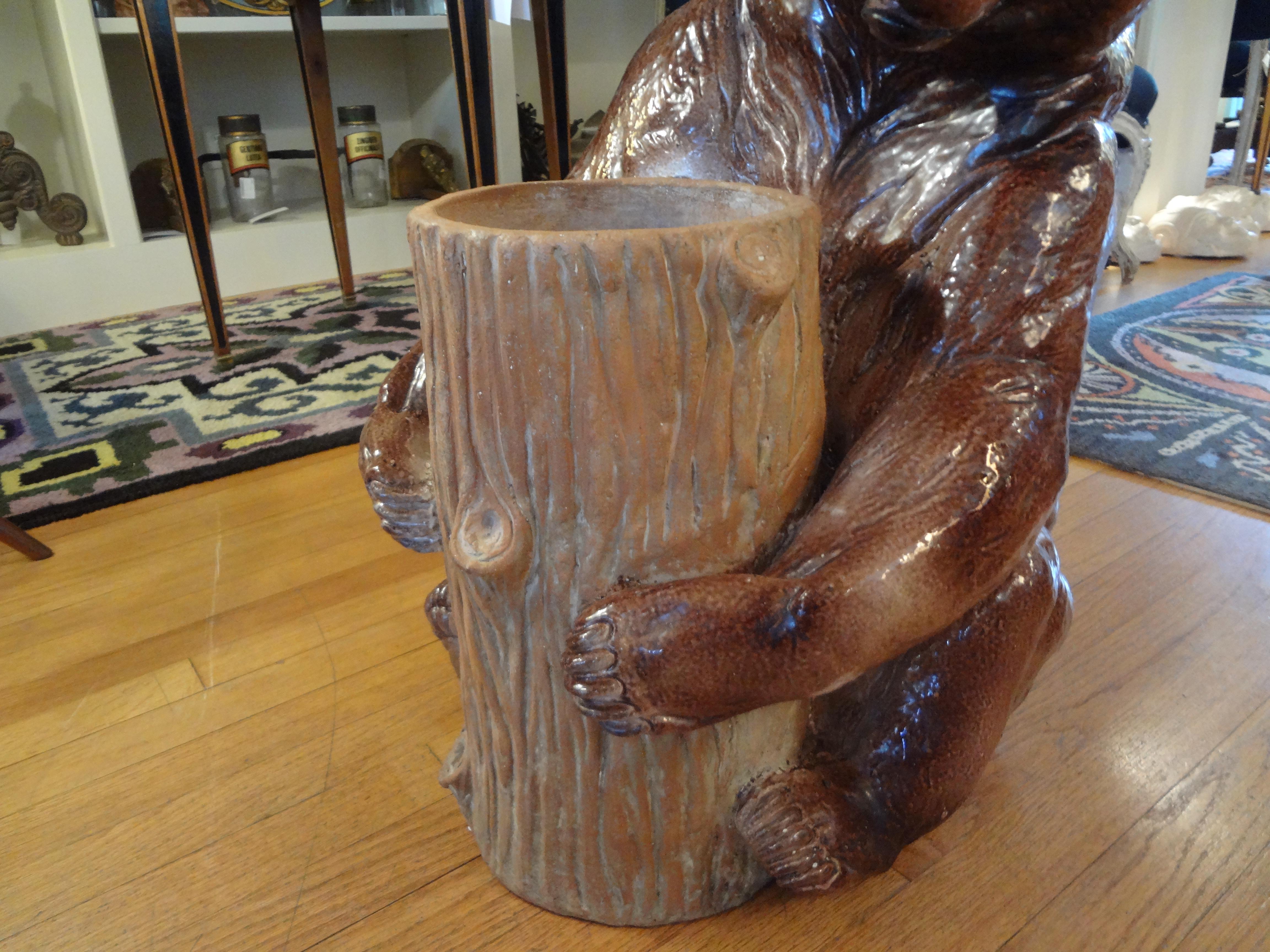 Hollywood Regency Italian Glazed Pottery Brown Bear Umbrella Stand