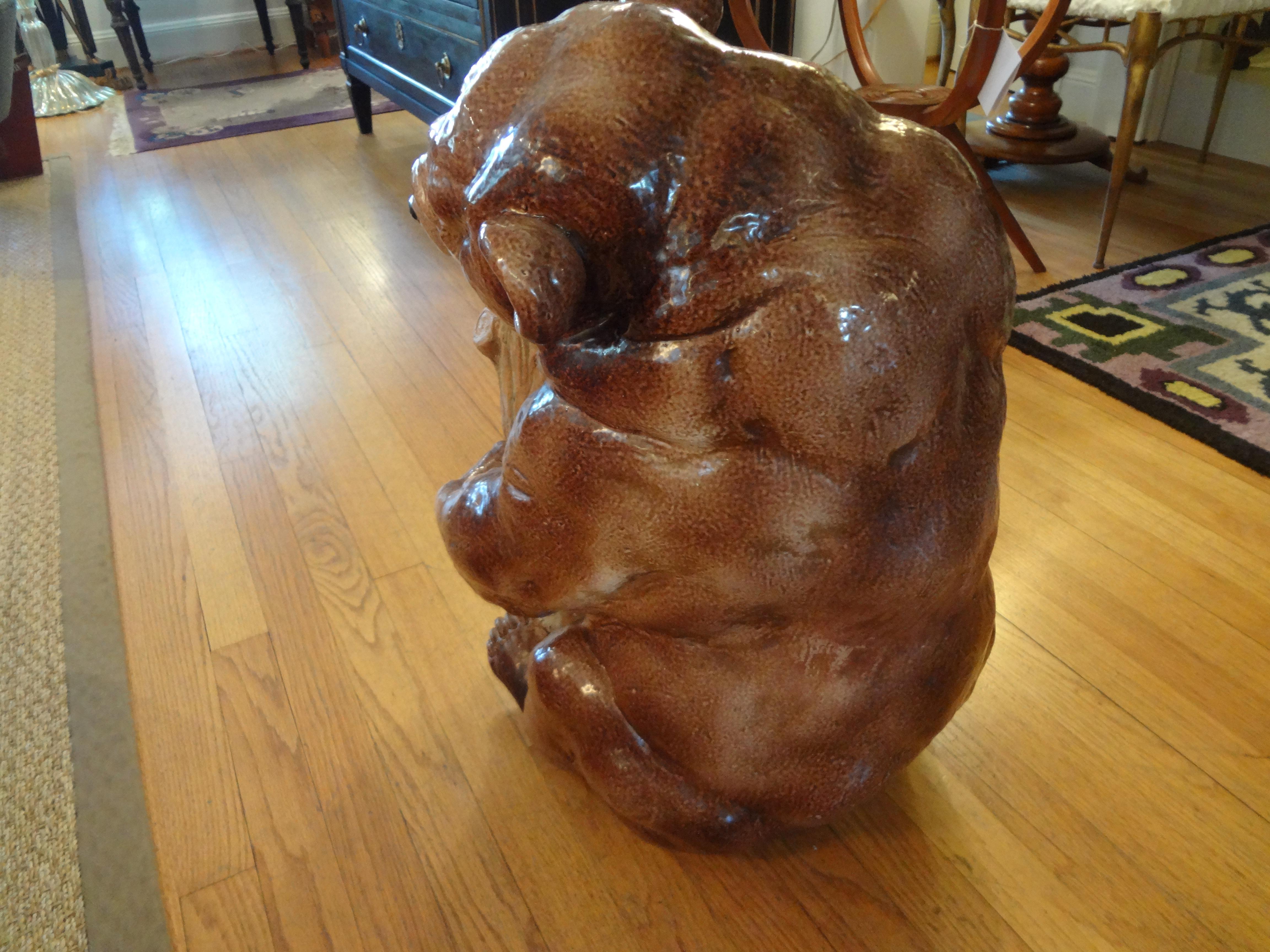 Italian Glazed Pottery Brown Bear Umbrella Stand In Good Condition In Houston, TX