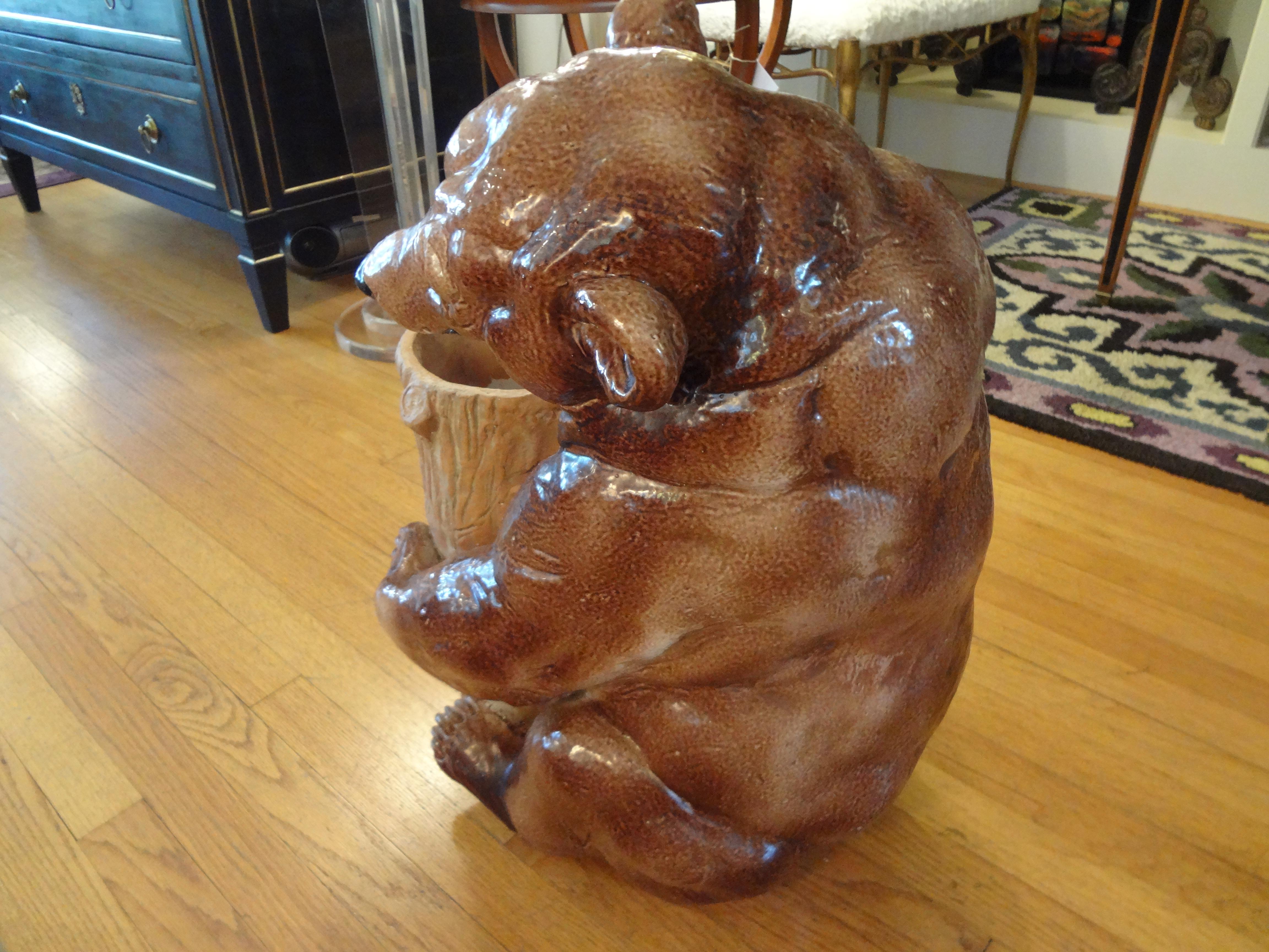 Mid-20th Century Italian Glazed Pottery Brown Bear Umbrella Stand