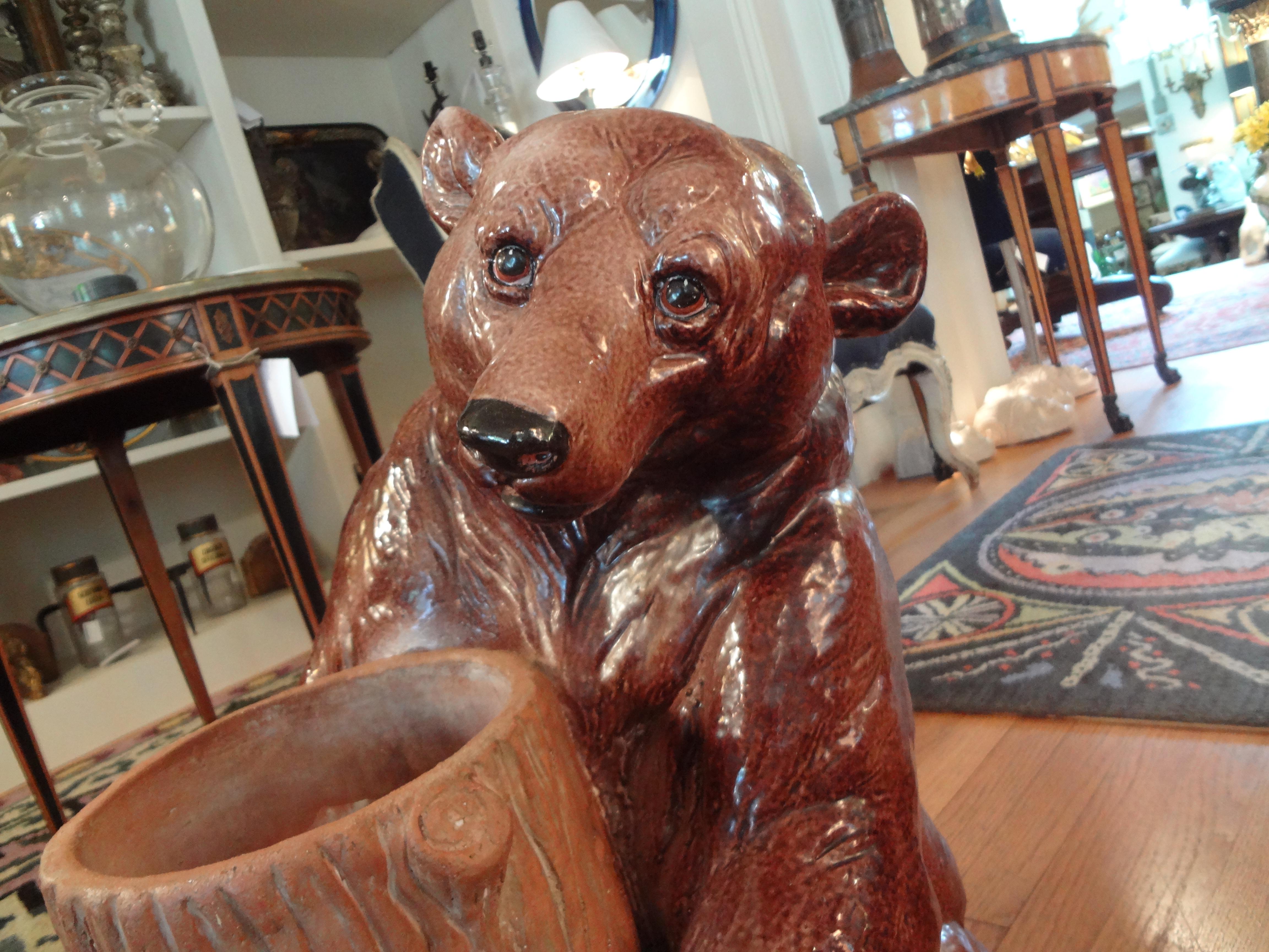 Italian Glazed Pottery Brown Bear Umbrella Stand 3