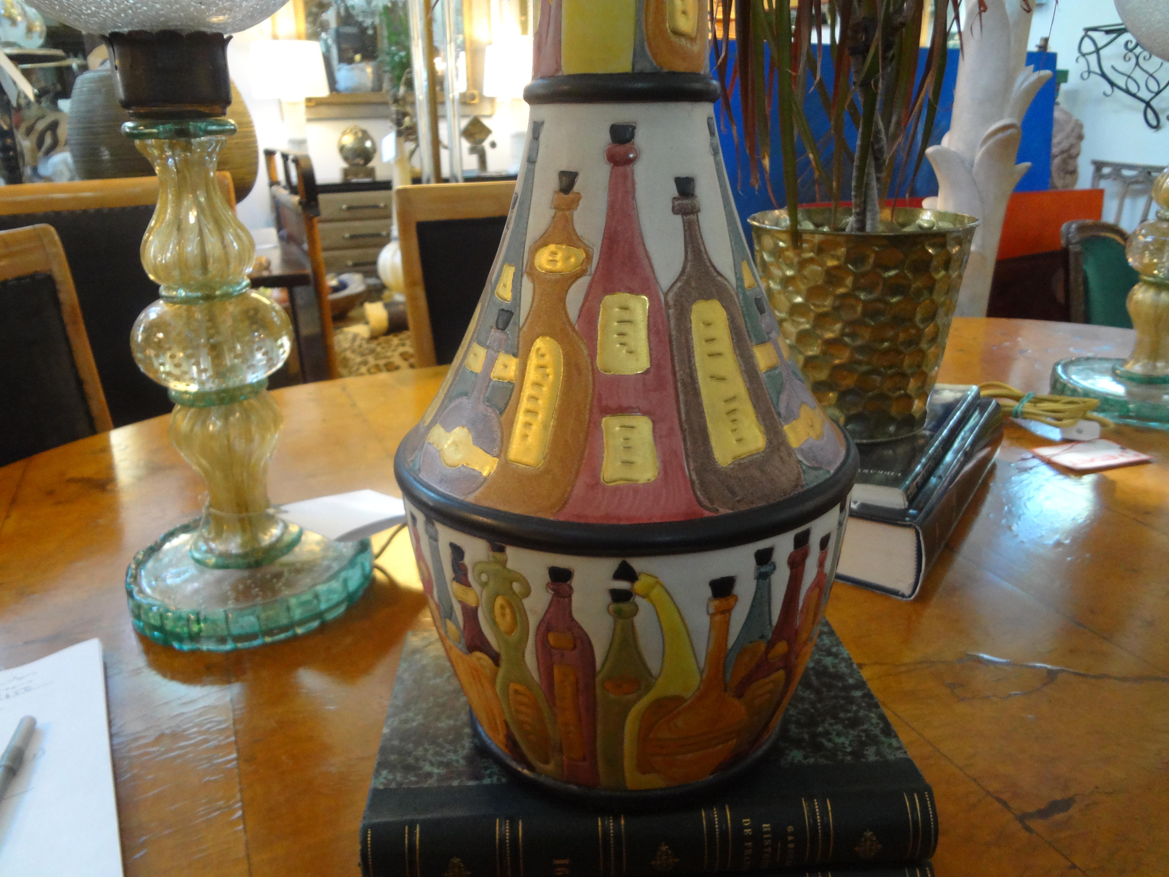 Hollywood Regency Italian Glazed Pottery Lamp with Wine Bottles For Sale