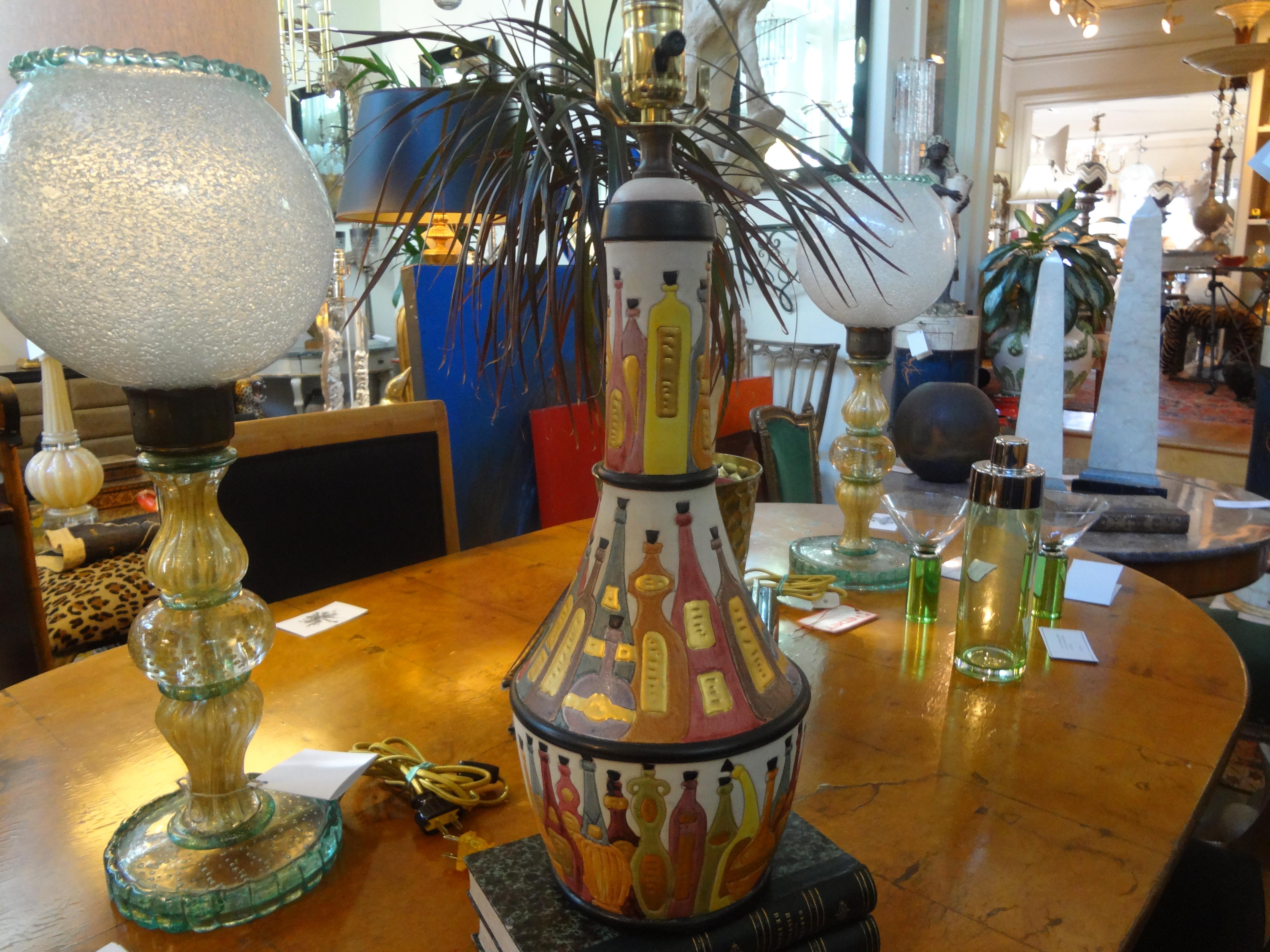 Late 20th Century Italian Glazed Pottery Lamp with Wine Bottles For Sale