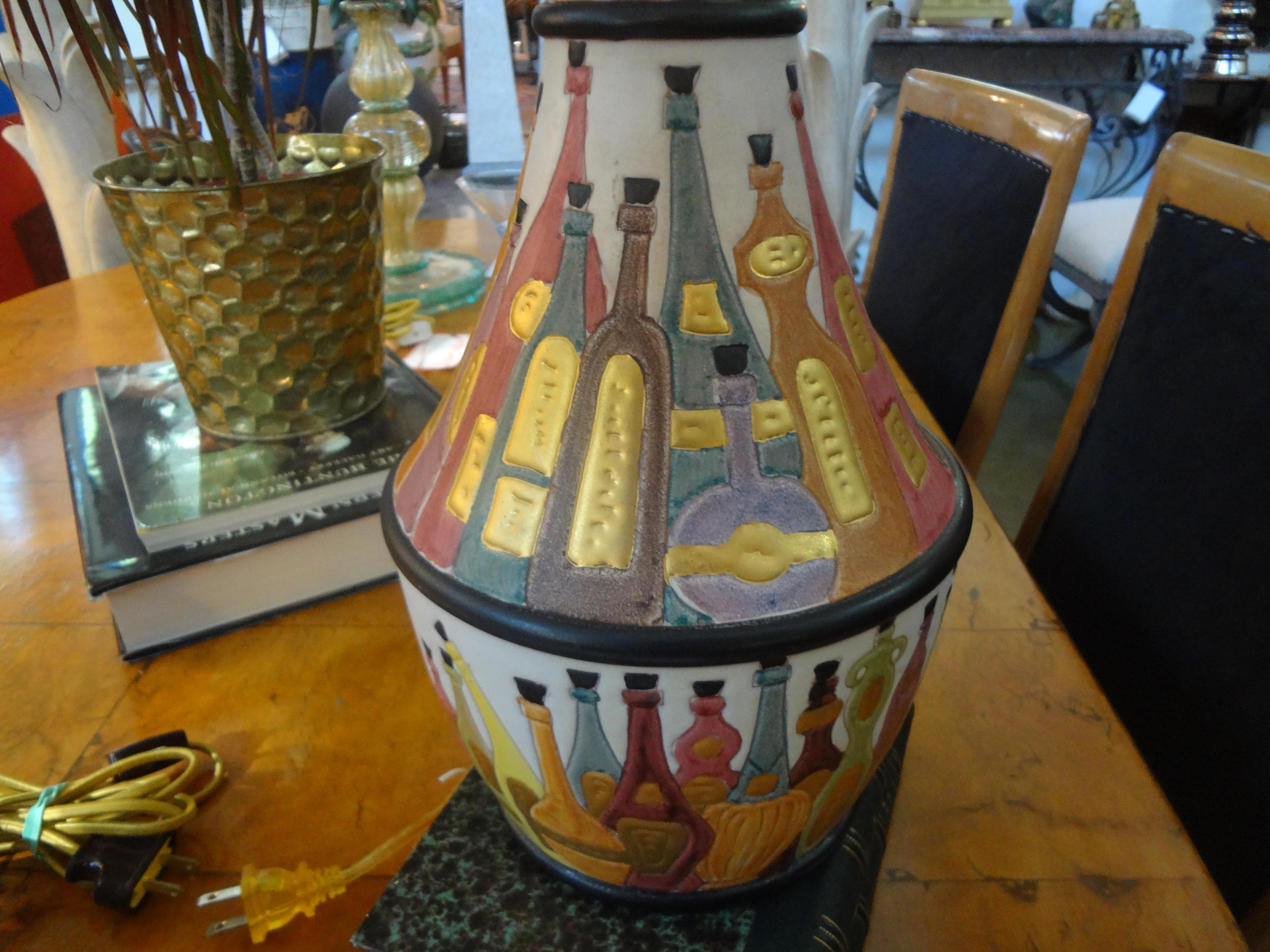 Italian Glazed Pottery Lamp with Wine Bottles For Sale 1